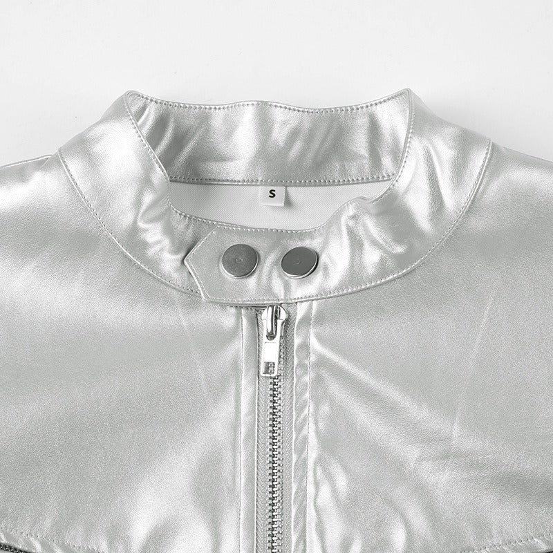 Metallic Silver Cropped Moto Jacket with Stand Collar & Zipper Detail