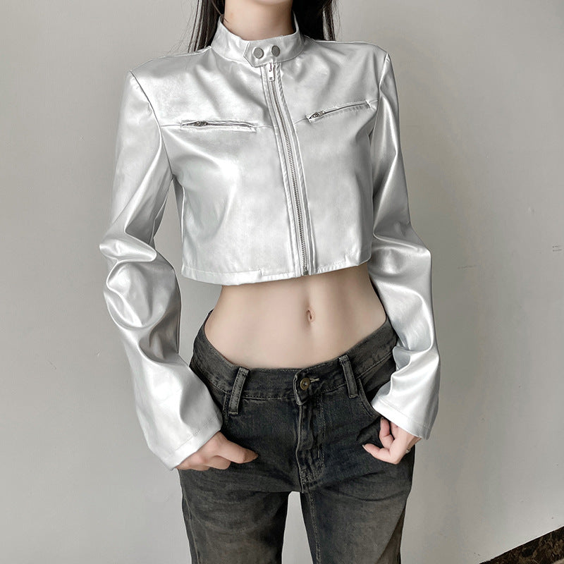 Metallic Silver Cropped Moto Jacket with Stand Collar & Zipper Detail