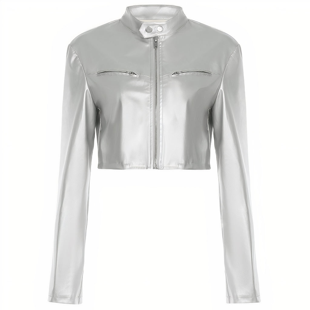 Metallic Silver Cropped Moto Jacket with Stand Collar & Zipper Detail
