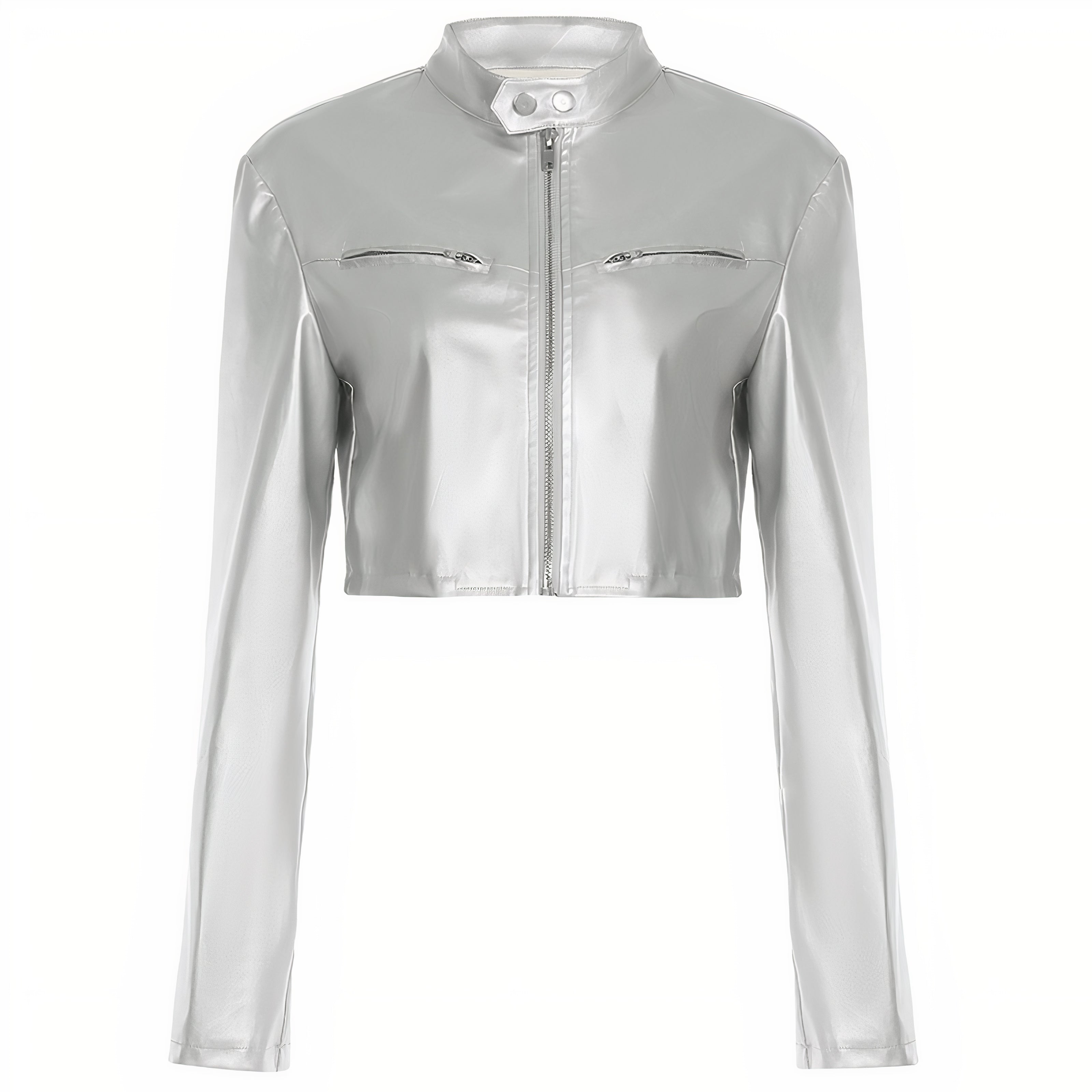 Metallic Silver Cropped Moto Jacket with Stand Collar & Zipper Detail