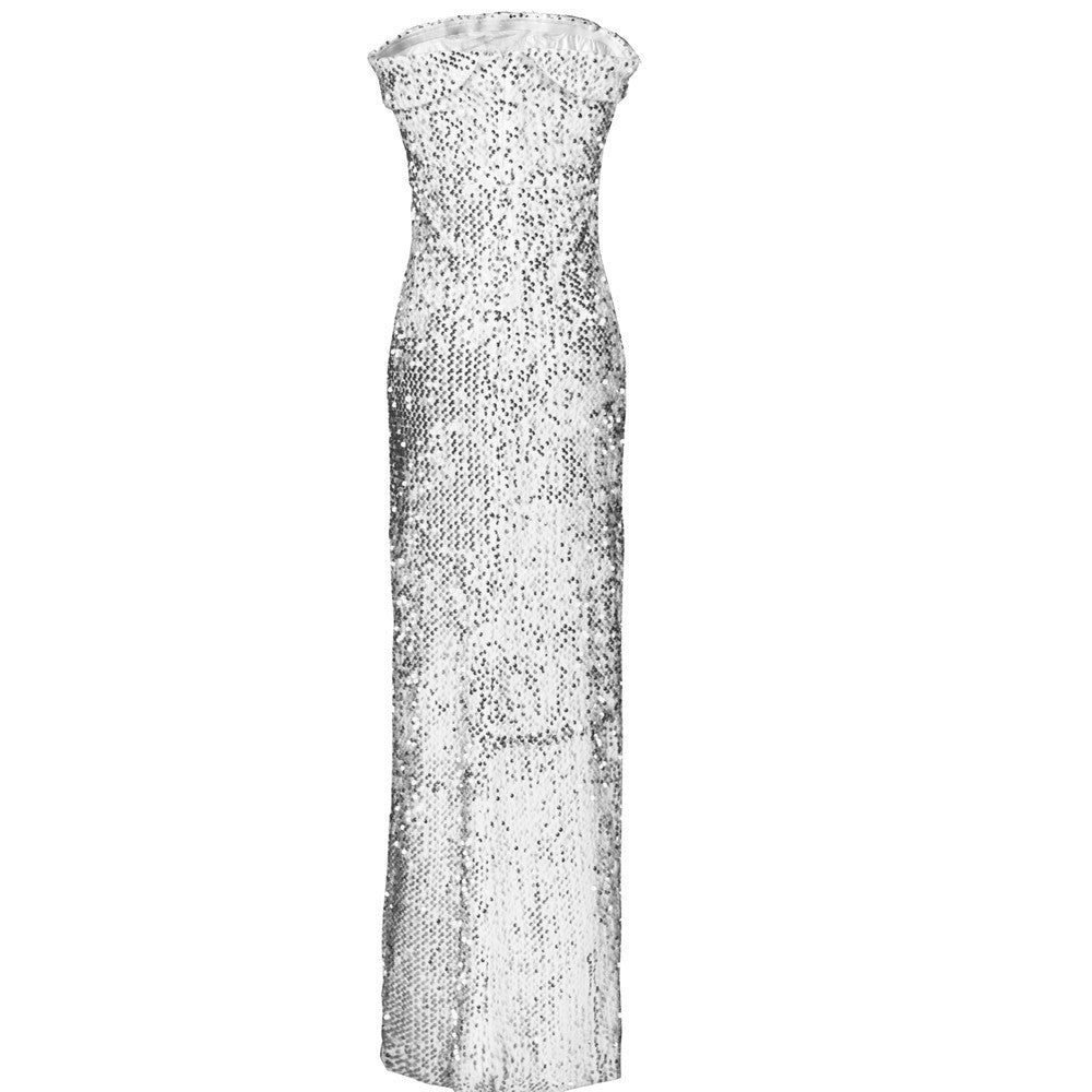 Strapless Sequin Maxi Dress with Front Slit