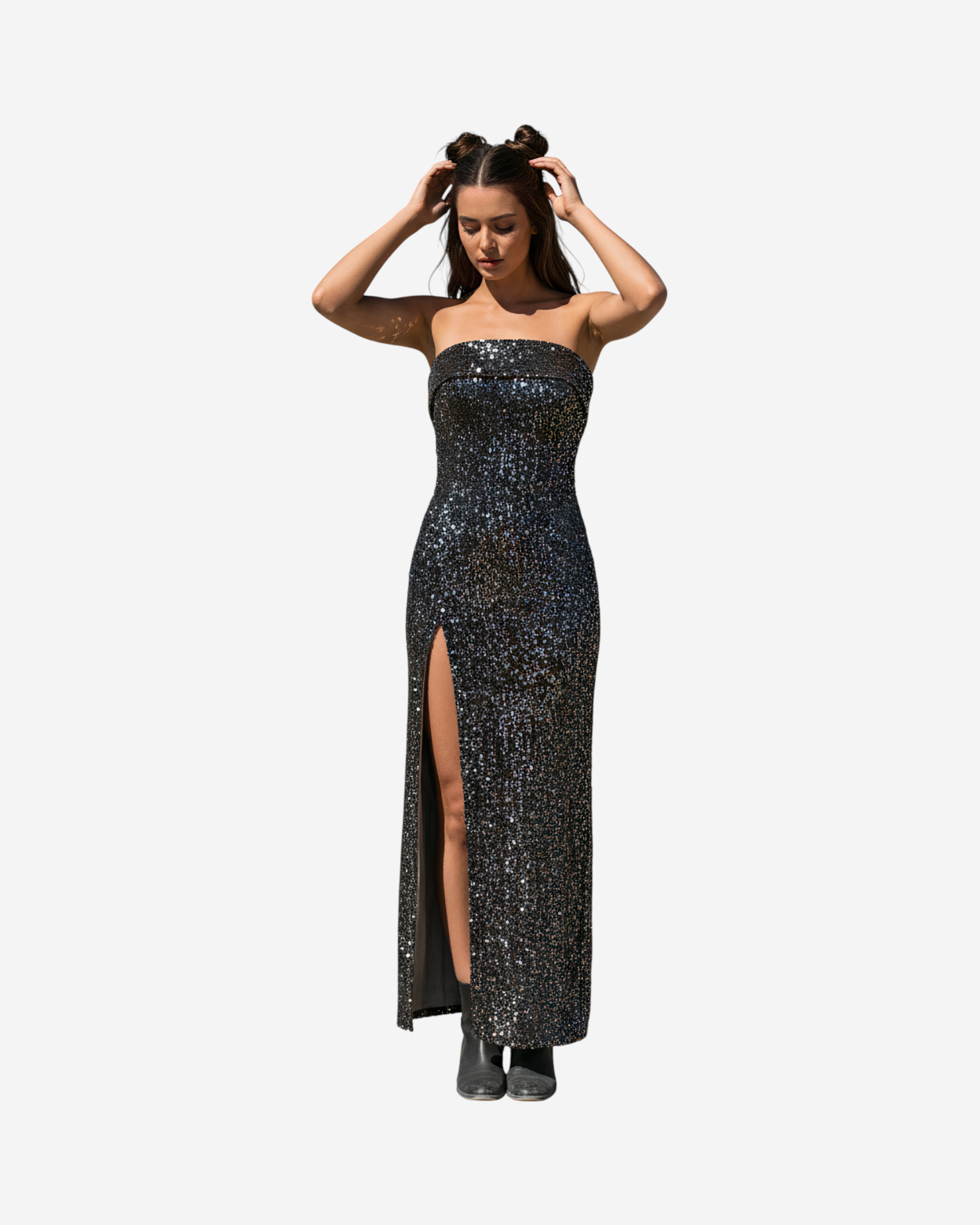 Strapless Sequin Maxi Dress with Front Slit