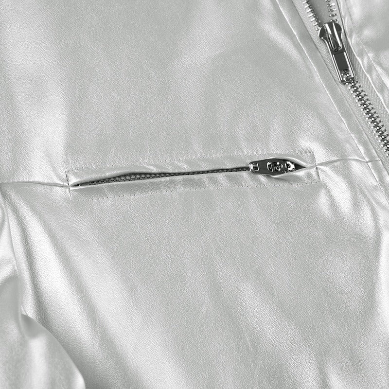 Metallic Silver Cropped Moto Jacket with Stand Collar & Zipper Detail