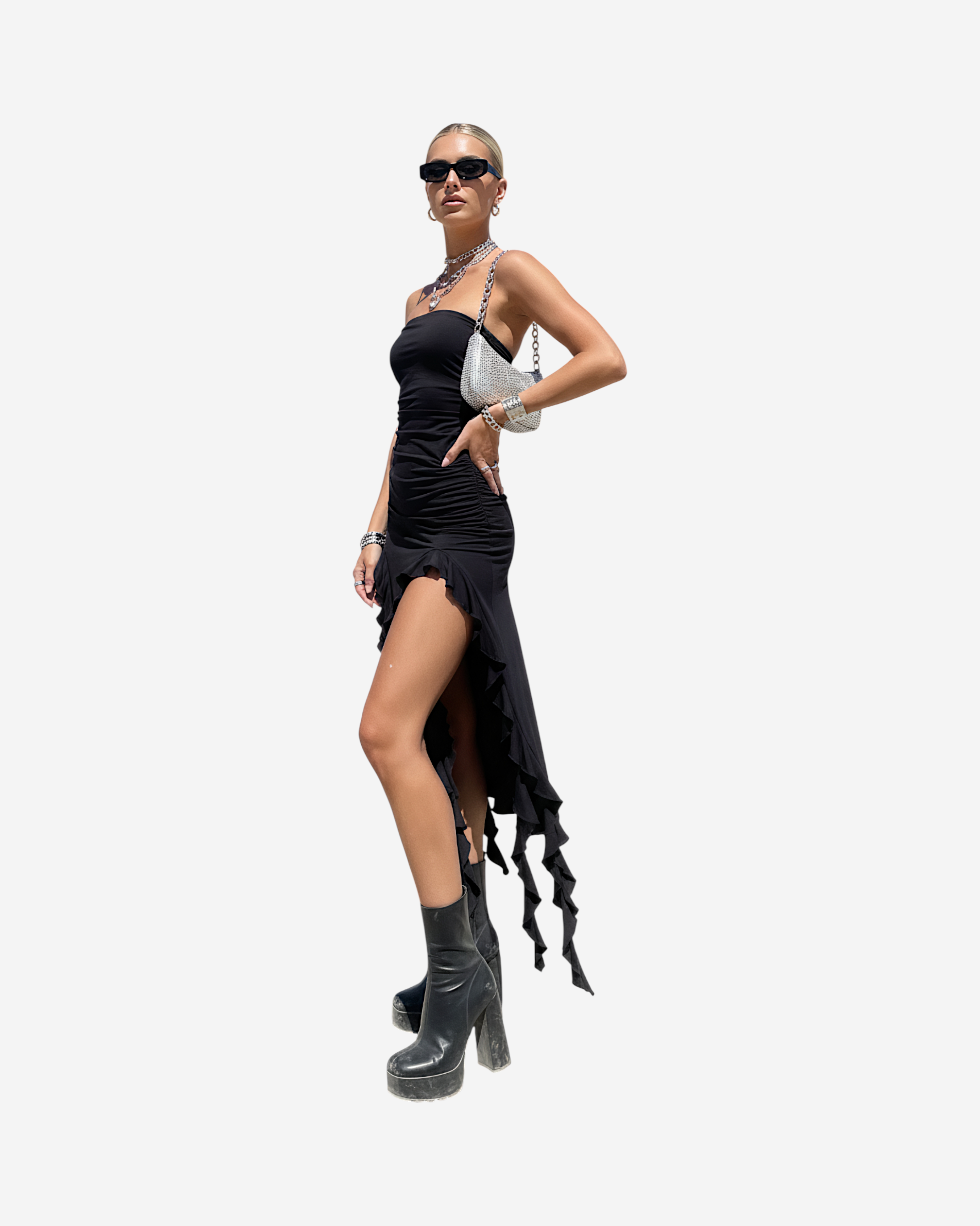 Black Strapless Irregular Hem Midi Dress