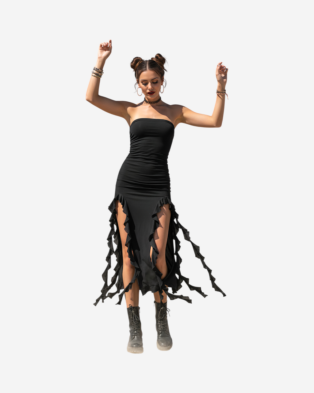 Black Strapless Irregular Hem Midi Dress