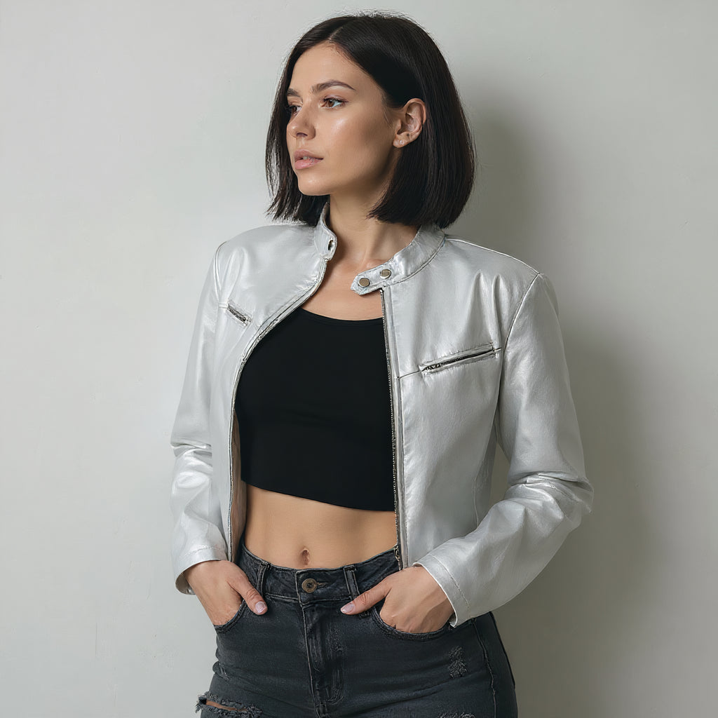 Metallic Silver Cropped Moto Jacket with Stand Collar & Zipper Detail