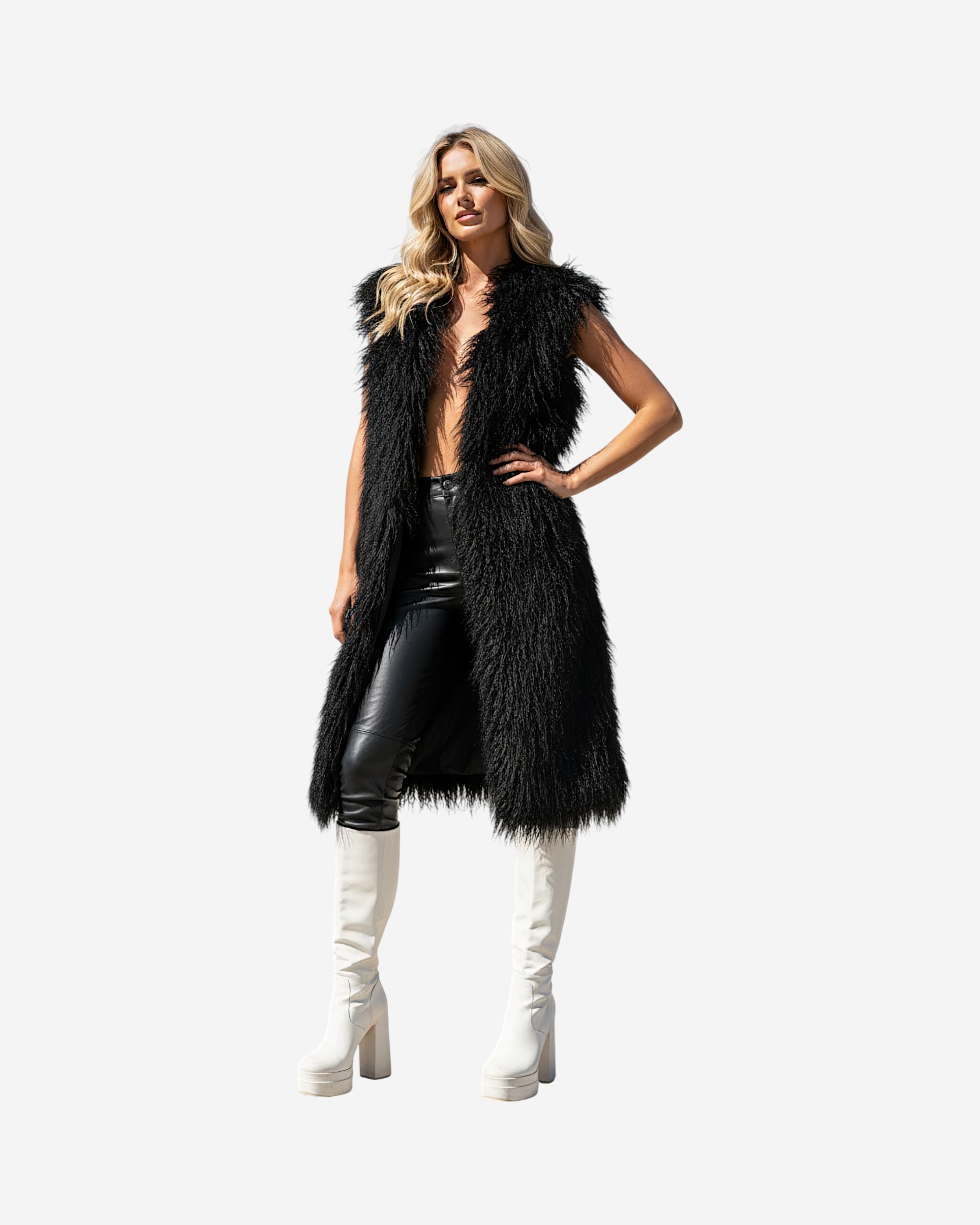 Faux Fur Sleeveless Long V-Neck Vest