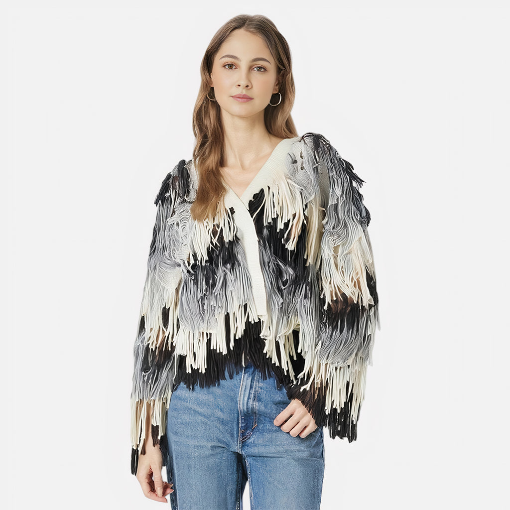 Boho Gradient Knitted Cardigan with Tassel Detail