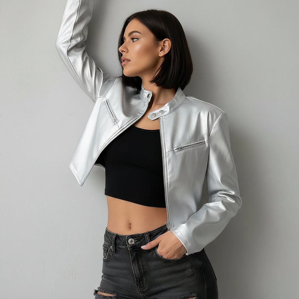 Metallic Silver Cropped Moto Jacket with Stand Collar & Zipper Detail