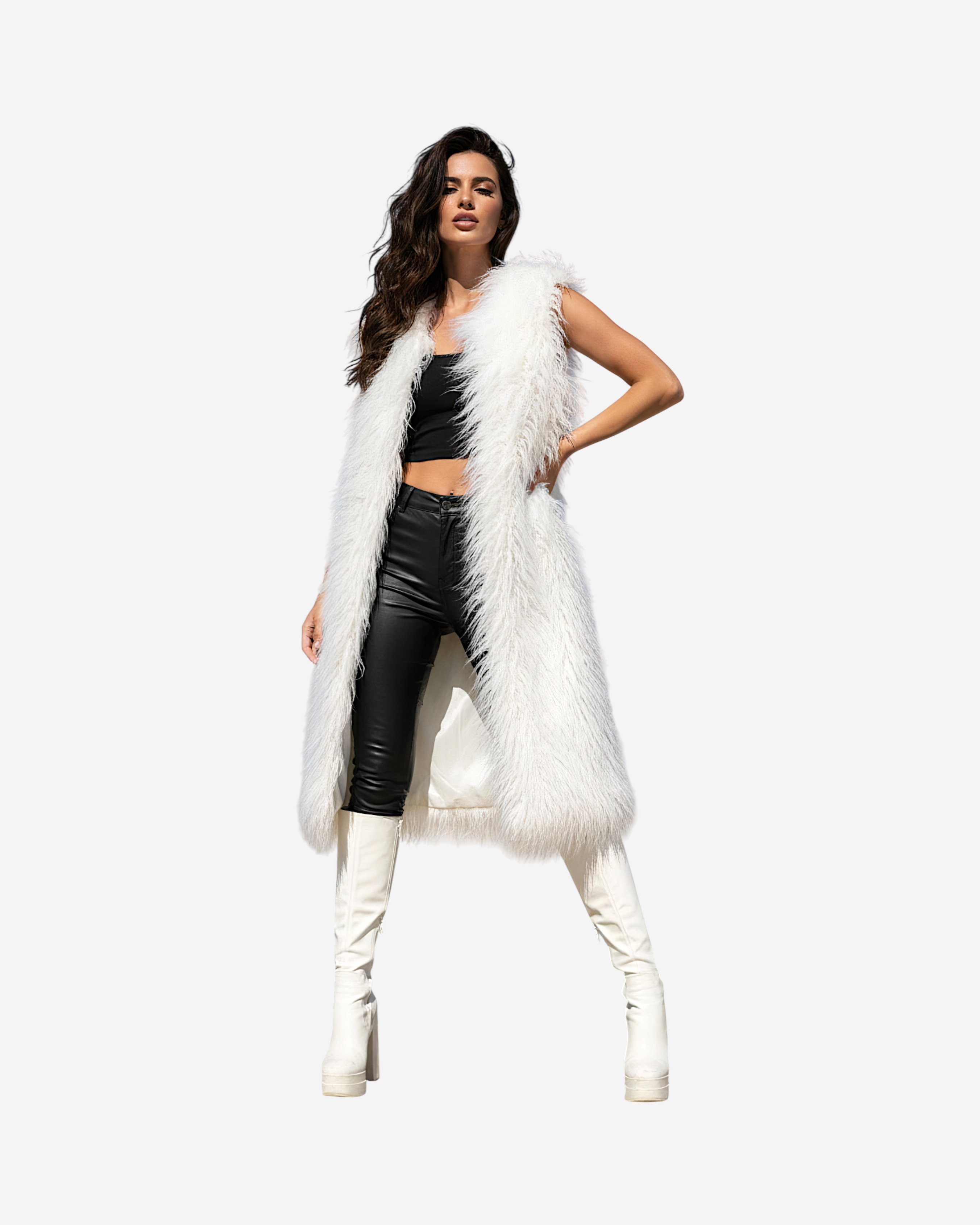 Faux Fur Sleeveless Long V-Neck Vest