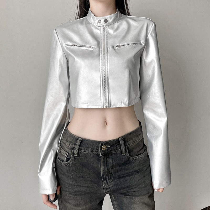 Metallic Silver Cropped Moto Jacket with Stand Collar & Zipper Detail