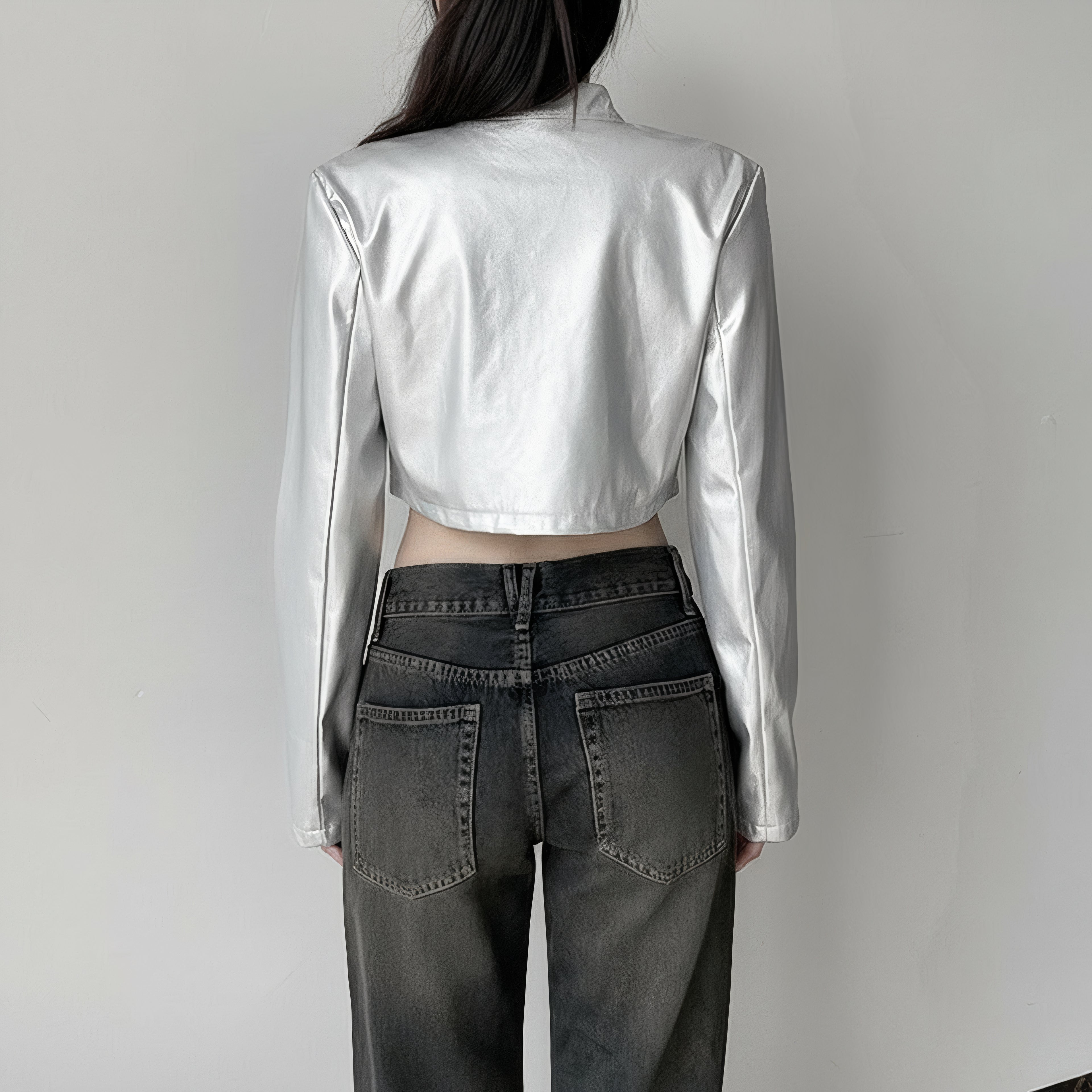 Metallic Silver Cropped Moto Jacket with Stand Collar & Zipper Detail
