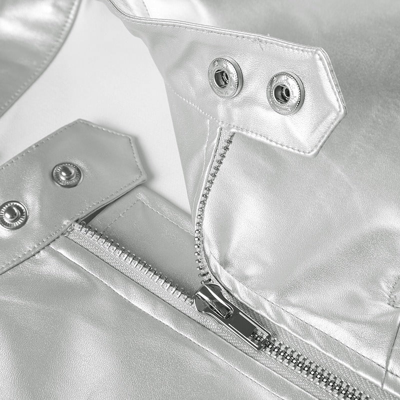Metallic Silver Cropped Moto Jacket with Stand Collar & Zipper Detail