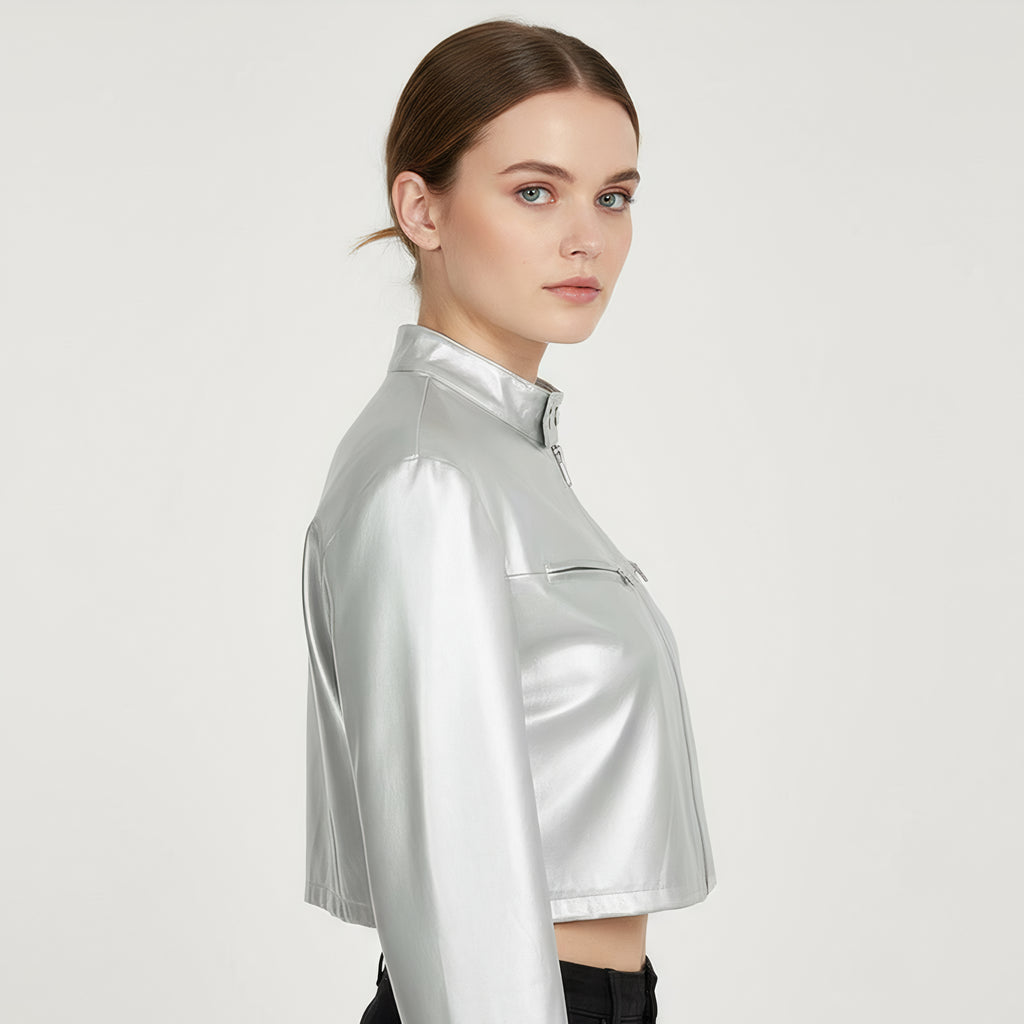 Metallic Silver Cropped Moto Jacket with Stand Collar & Zipper Detail
