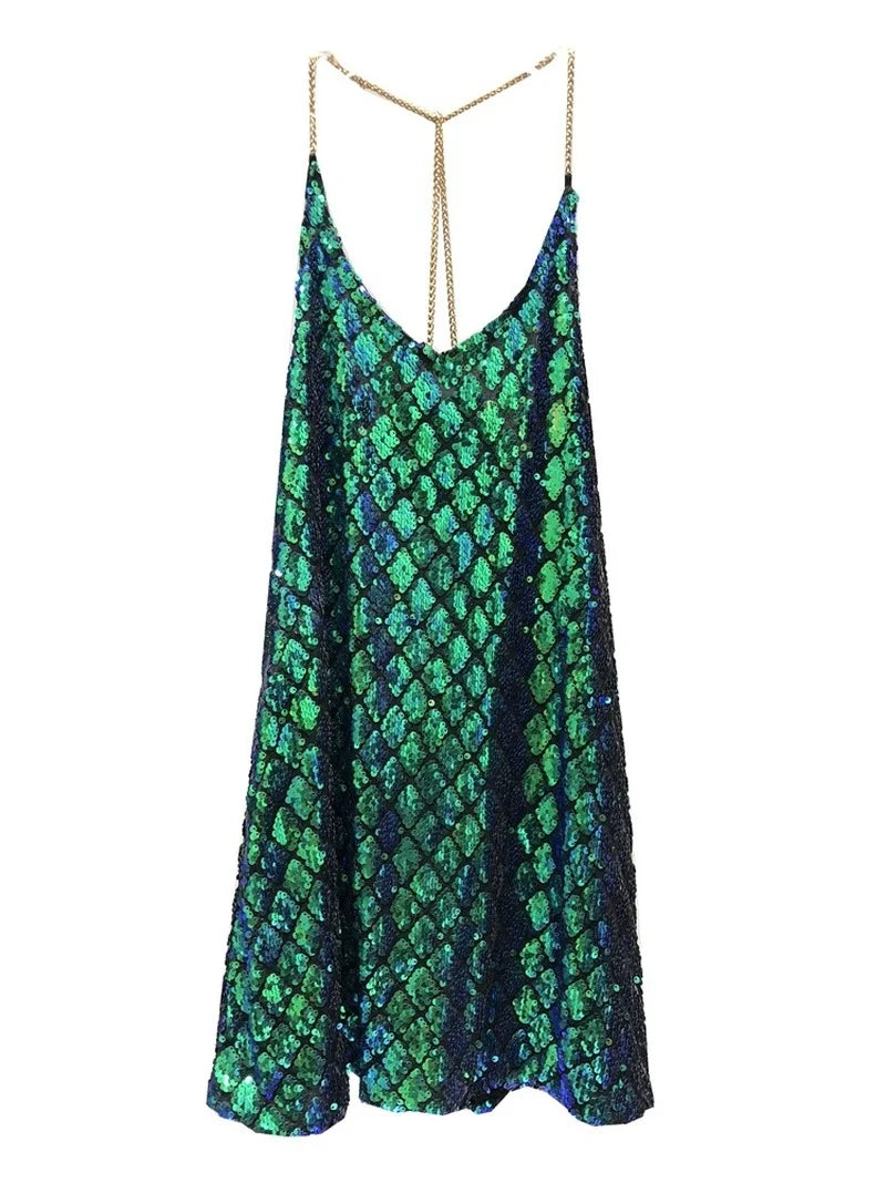 Emerald Green Sequined Halter Mini Dress with Backless Design