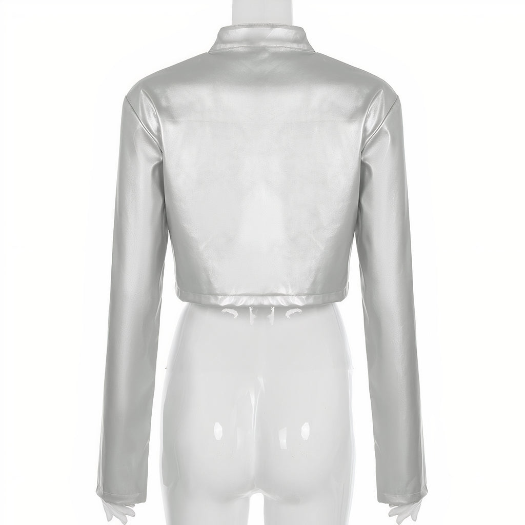 Metallic Silver Cropped Moto Jacket with Stand Collar & Zipper Detail