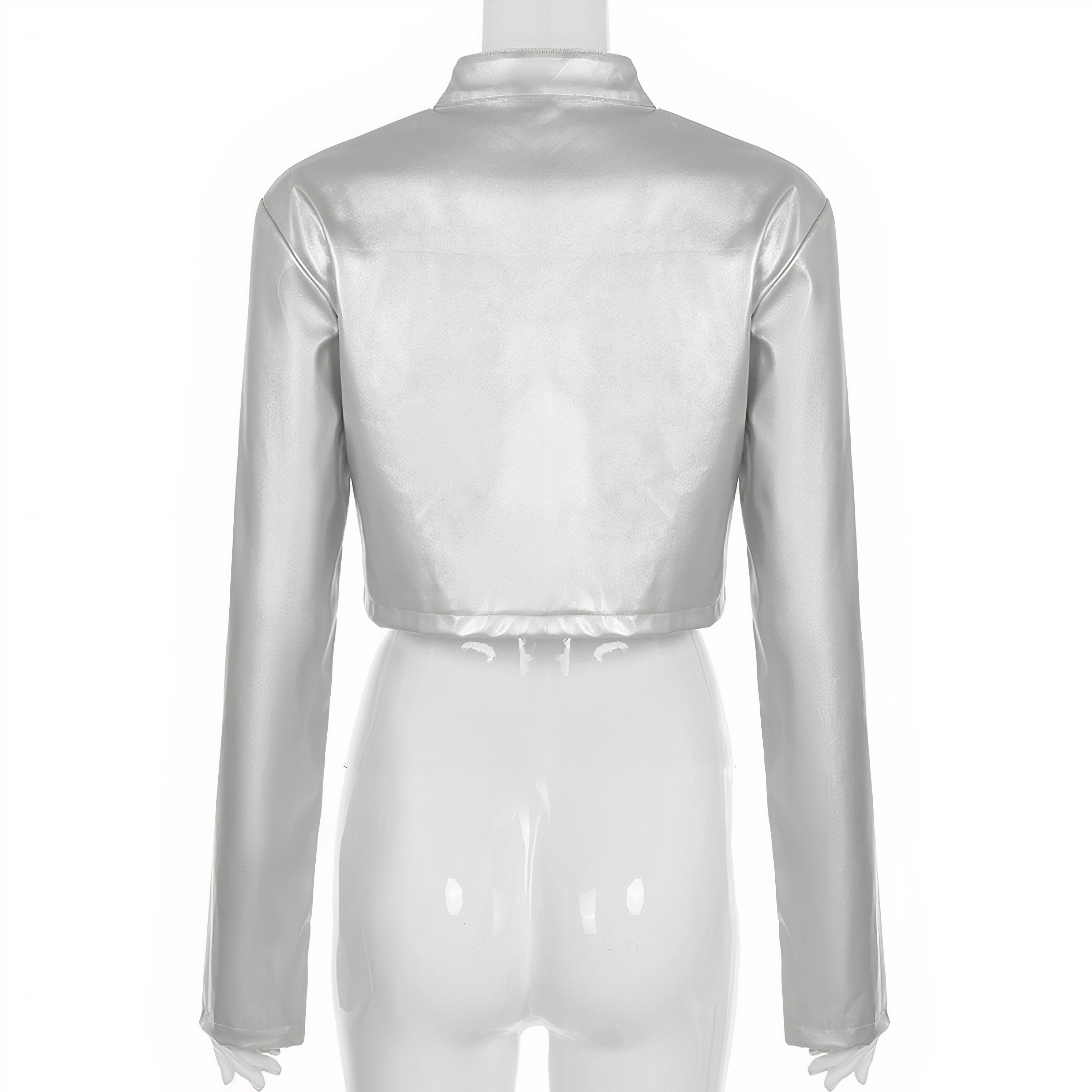 Metallic Silver Cropped Moto Jacket with Stand Collar & Zipper Detail