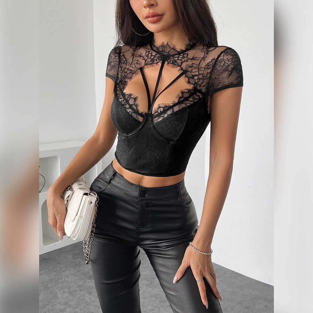Round Neck Corset Detail Crop Top