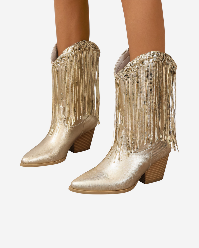 Vintage Chunky Heel Western Cowboy Boots [Gold]