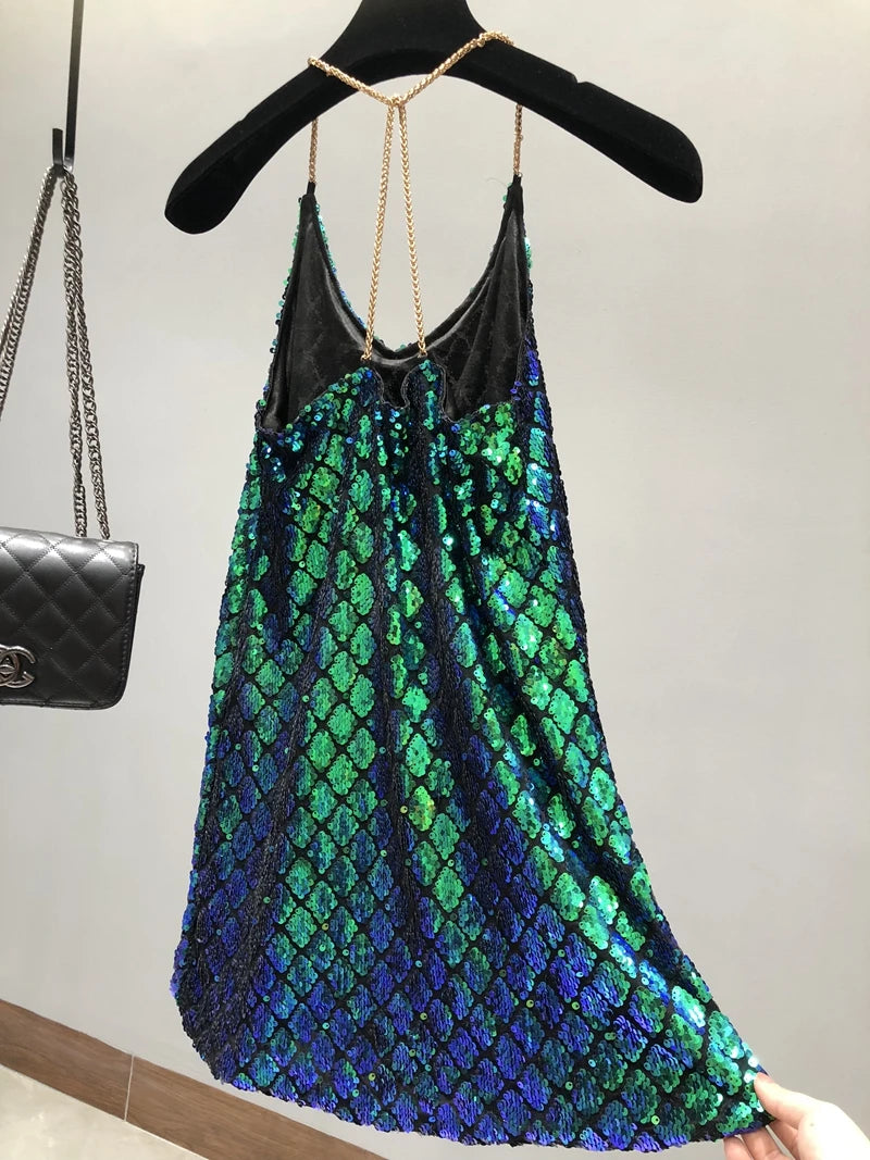 Emerald Green Sequined Halter Mini Dress with Backless Design