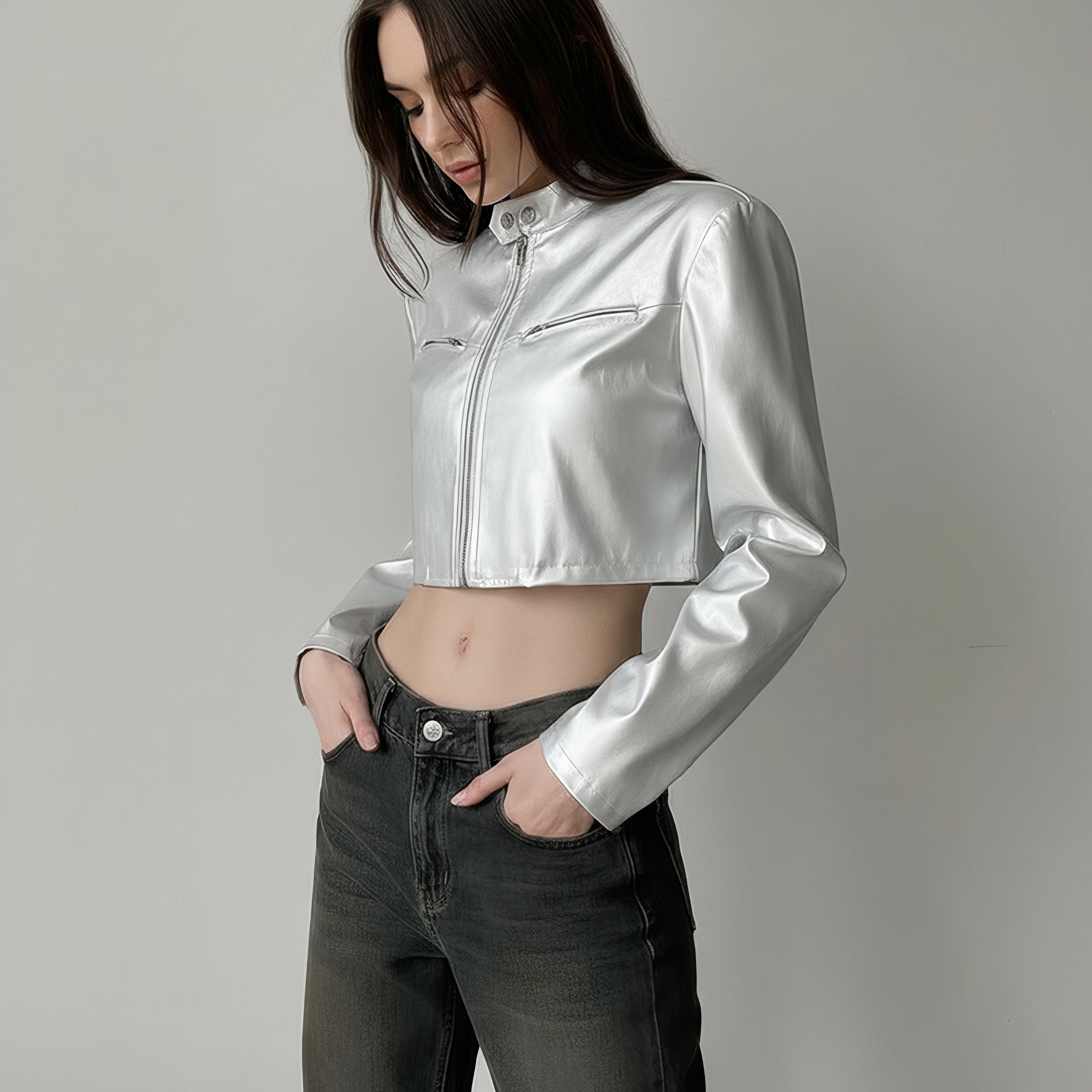 Metallic Silver Cropped Moto Jacket with Stand Collar & Zipper Detail