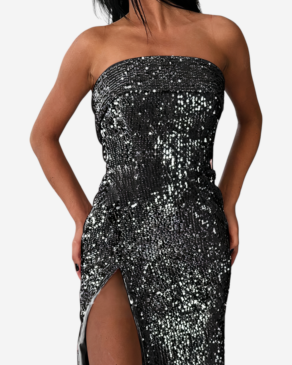 Strapless Sequin Maxi Dress with Front Slit
