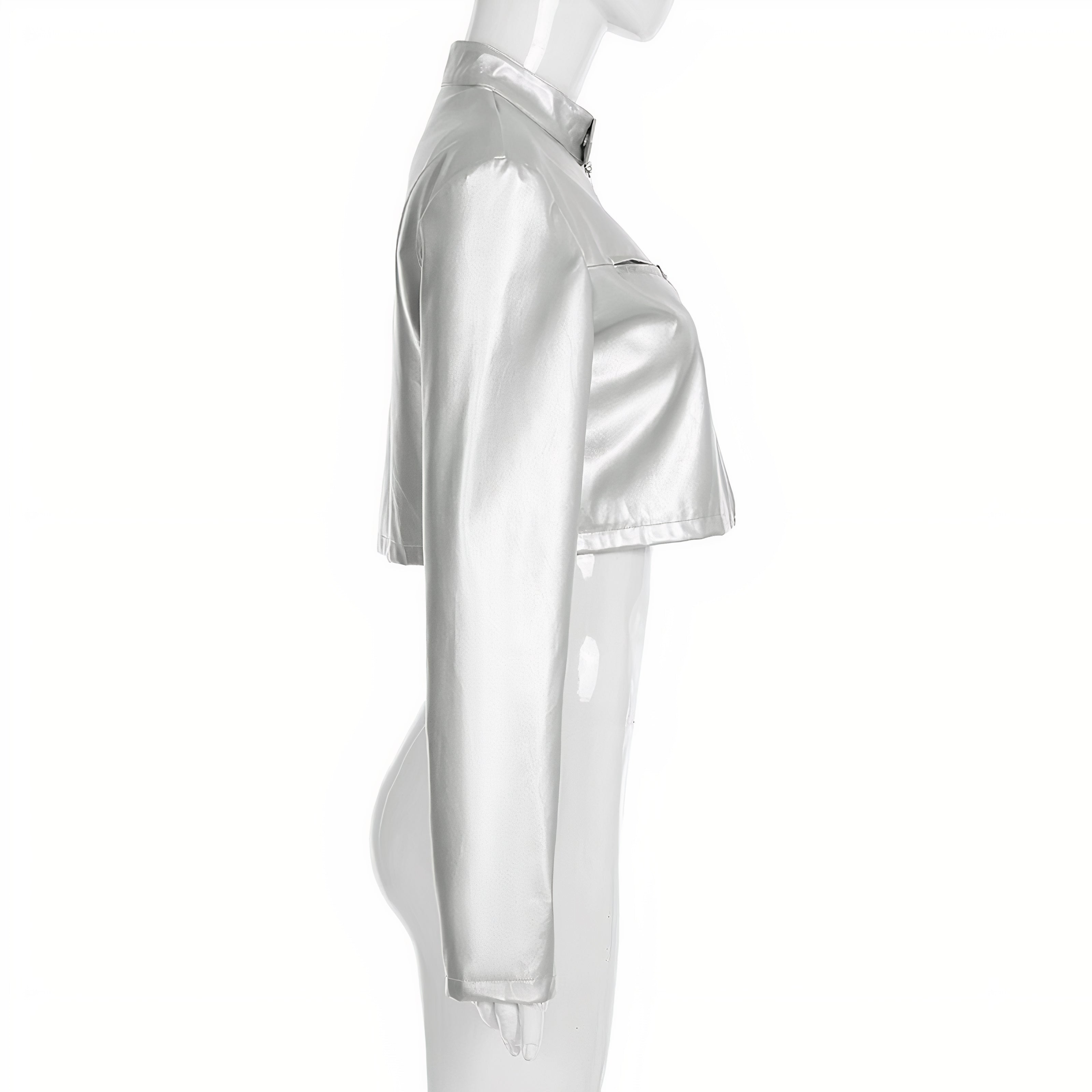 Metallic Silver Cropped Moto Jacket with Stand Collar & Zipper Detail