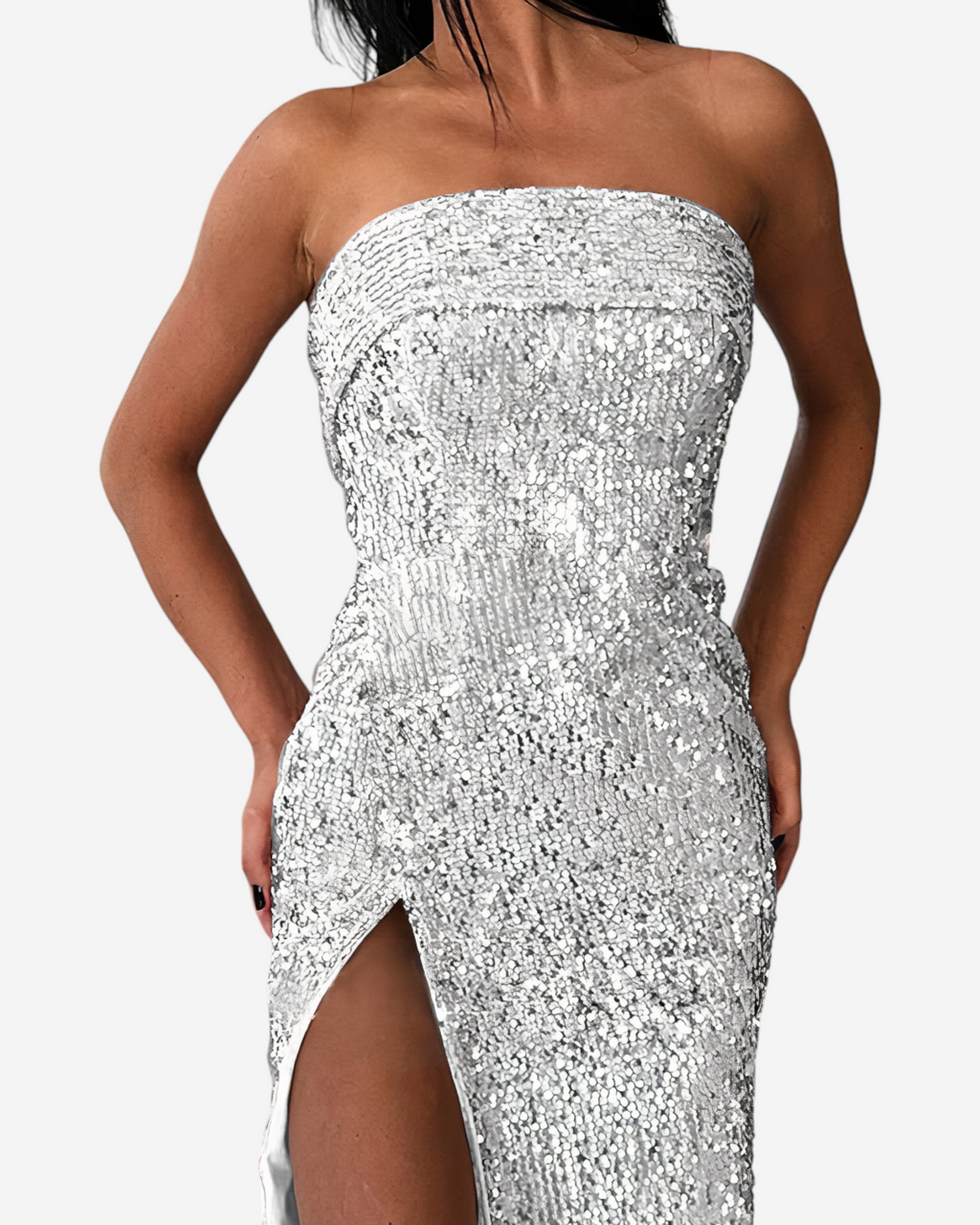 Strapless Sequin Maxi Dress with Front Slit
