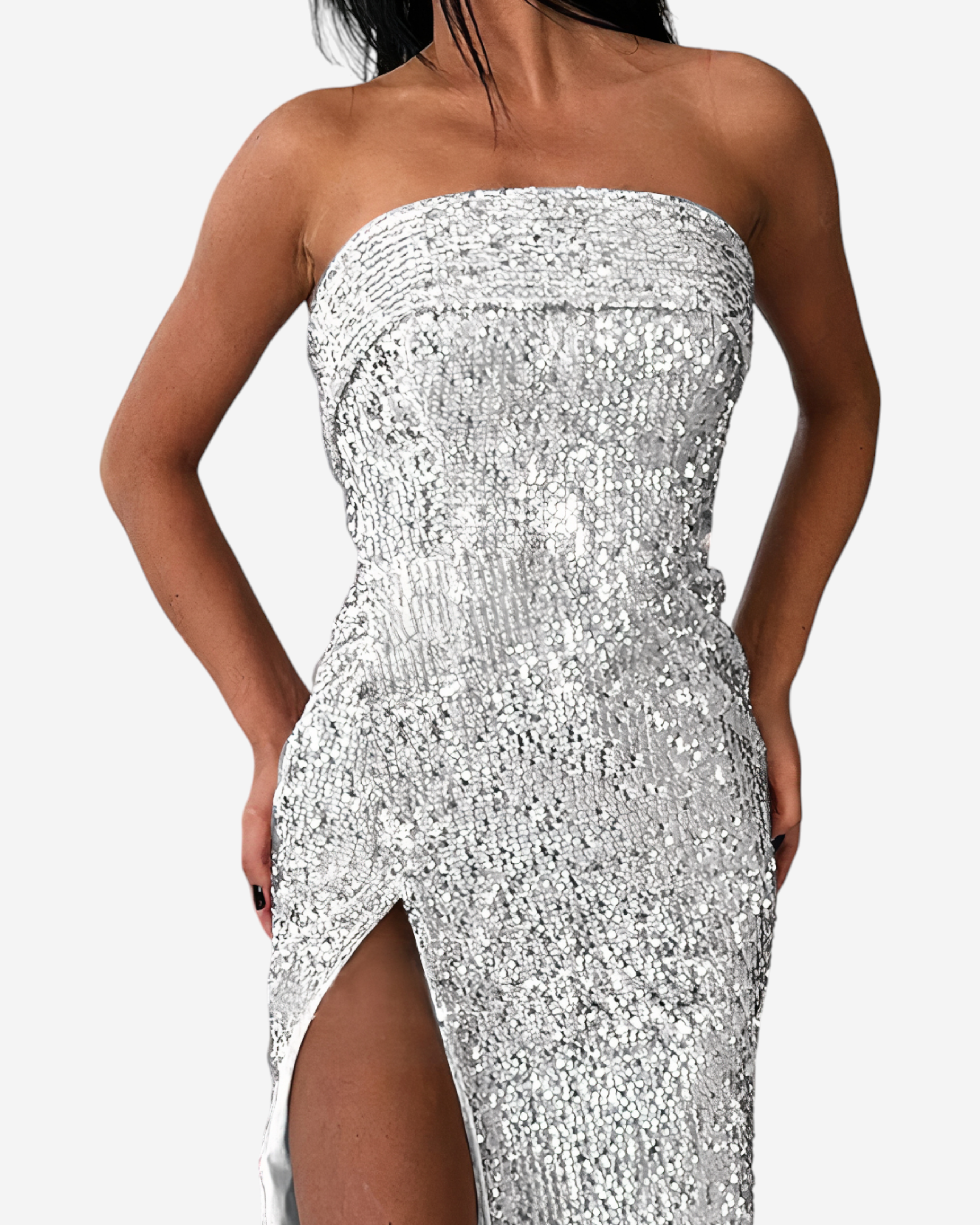 Strapless Sequin Maxi Dress with Front Slit