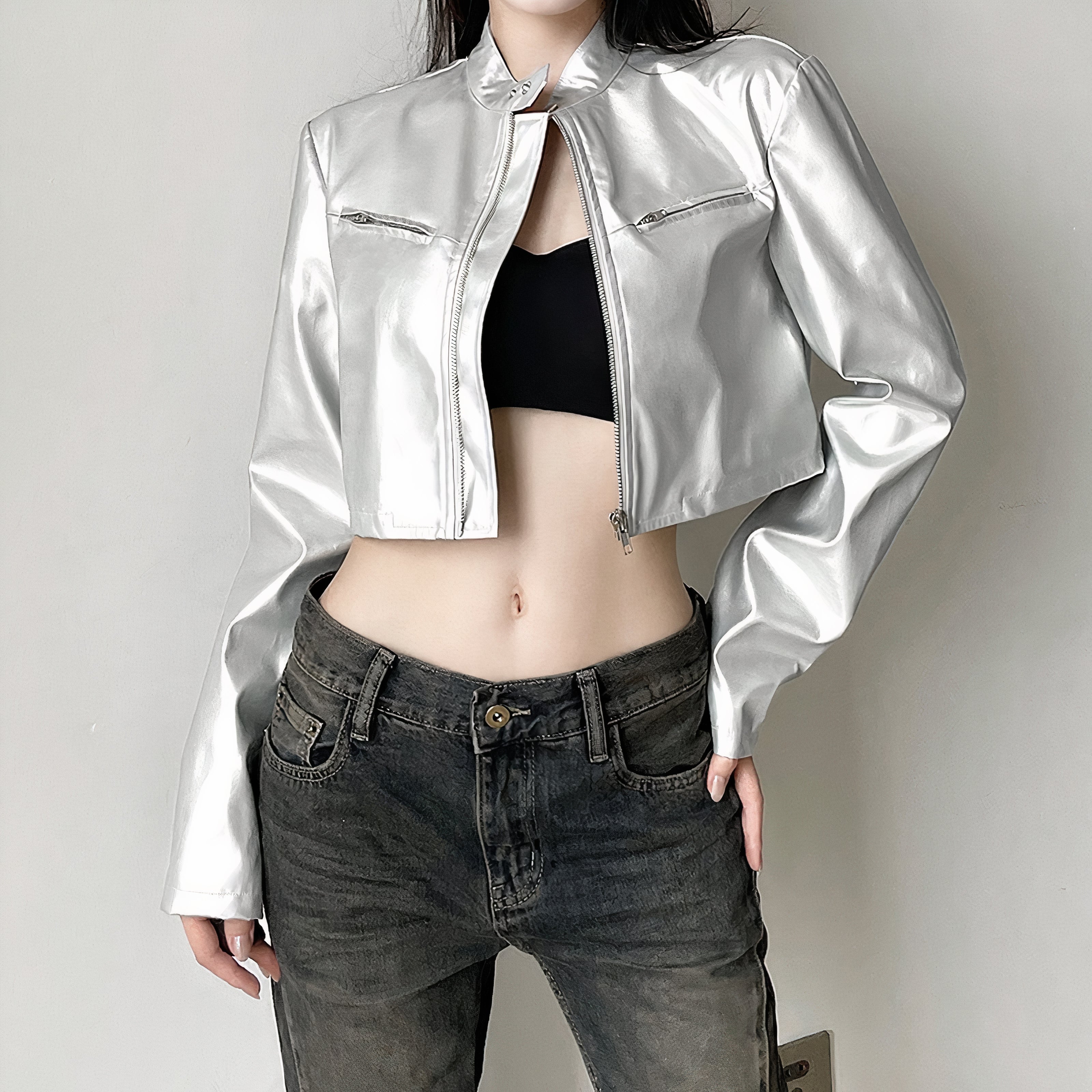 Metallic Silver Cropped Moto Jacket with Stand Collar & Zipper Detail