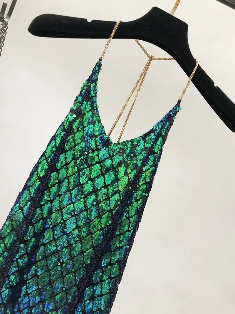 Emerald Green Sequined Halter Mini Dress with Backless Design