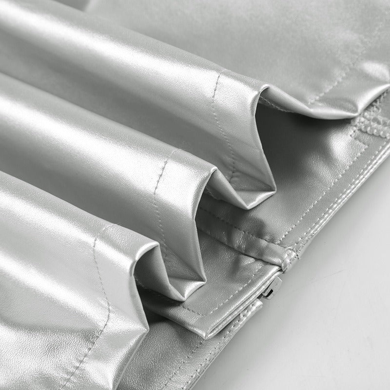 Metallic Silver Cropped Moto Jacket with Stand Collar & Zipper Detail