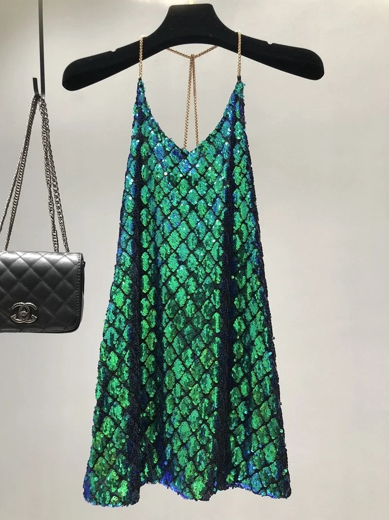 Emerald Green Sequined Halter Mini Dress with Backless Design