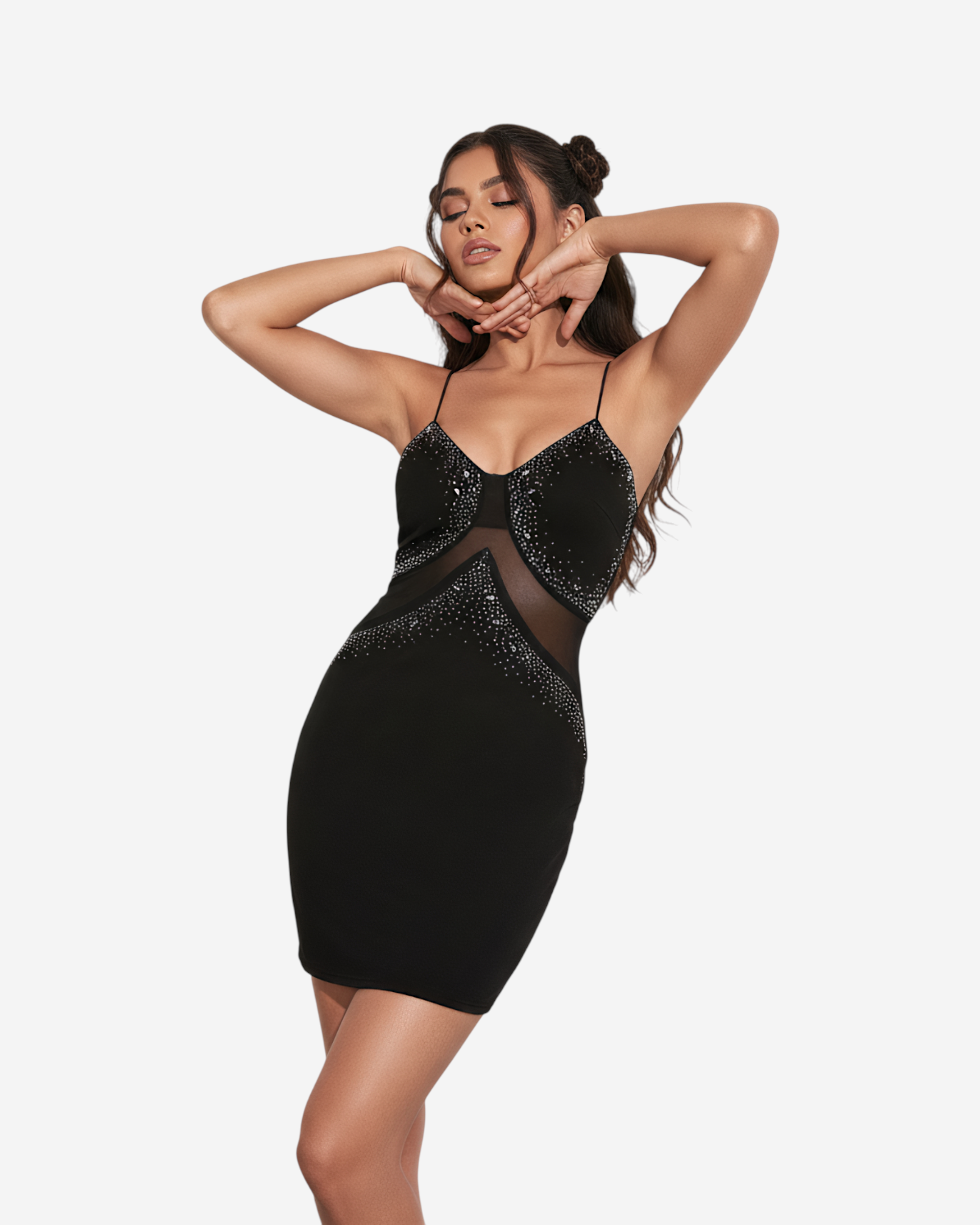 Midnight Mesh Sequin Mini Dress with Rhinestone Detail-Dresses-Ekoa Ltd