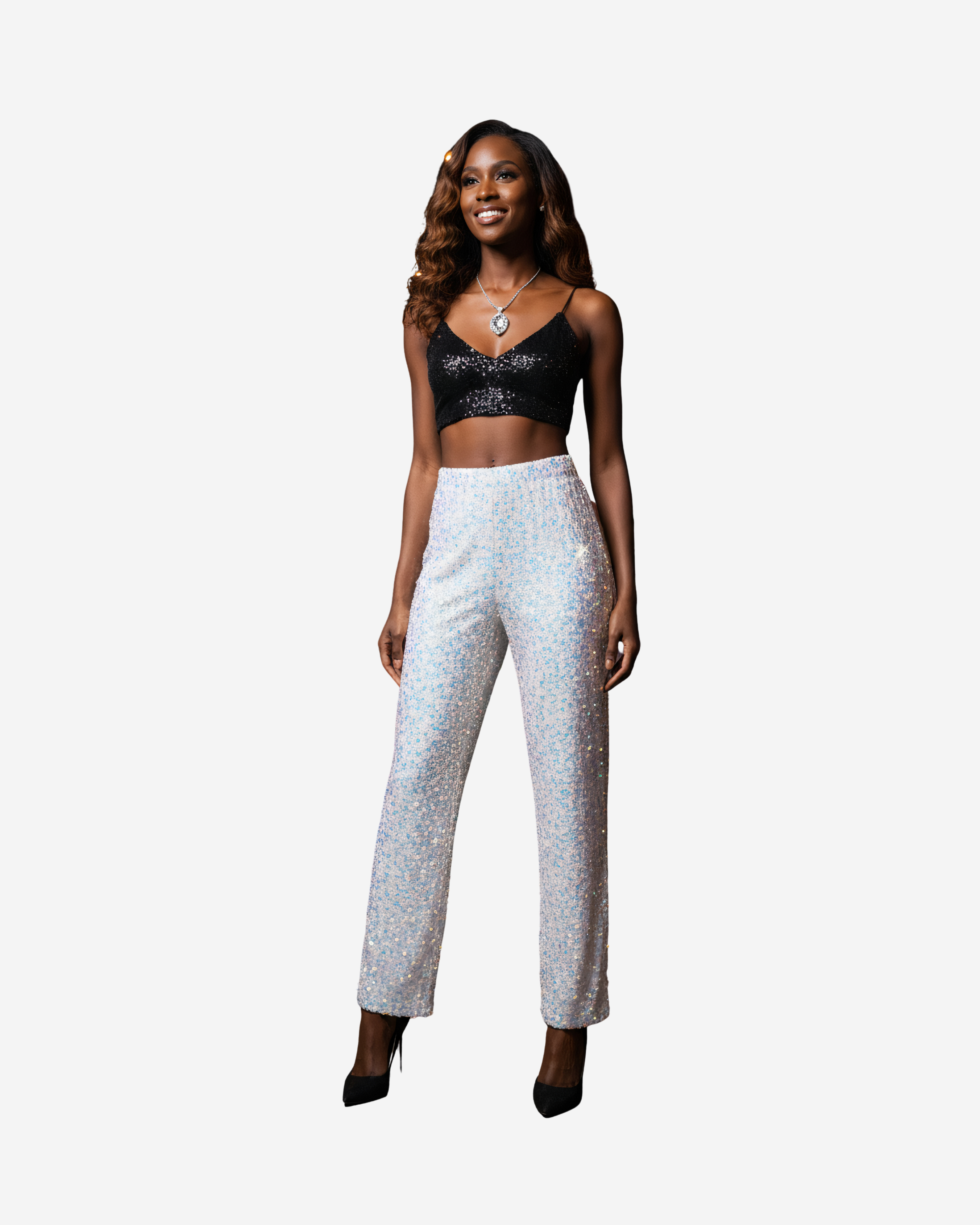 Sequined High-Waist Leggings with Statement Pendant Details