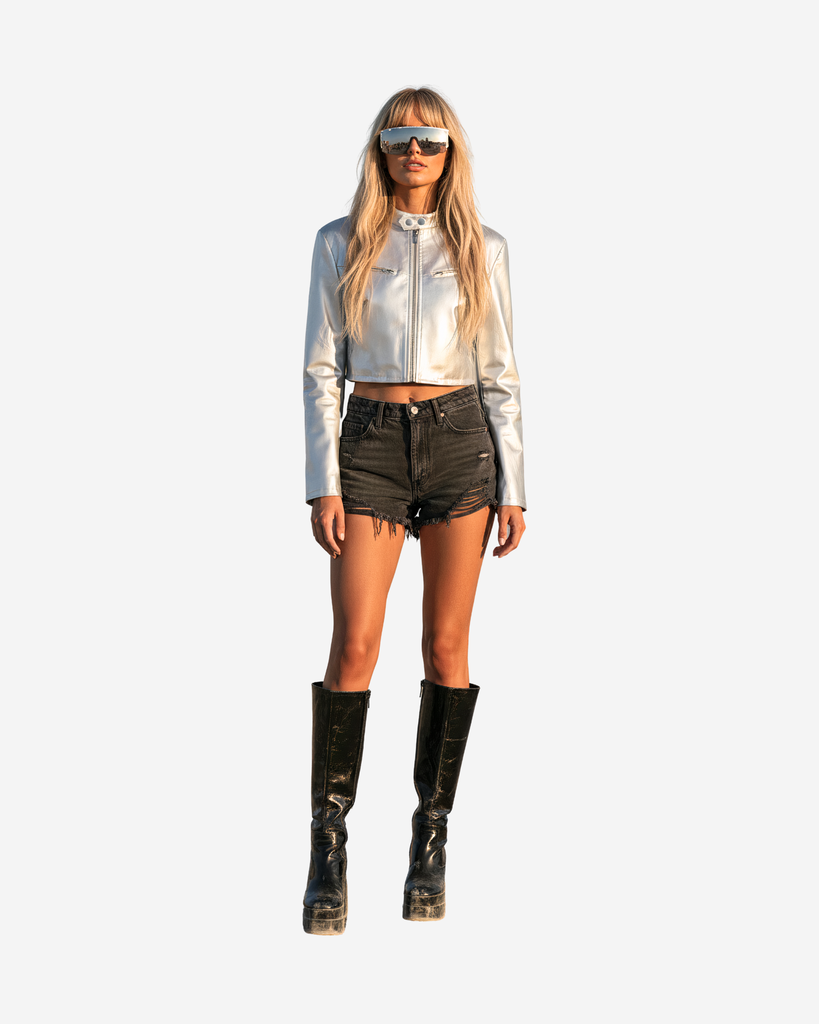 Metallic Silver Cropped Moto Jacket with Stand Collar & Zipper Detail