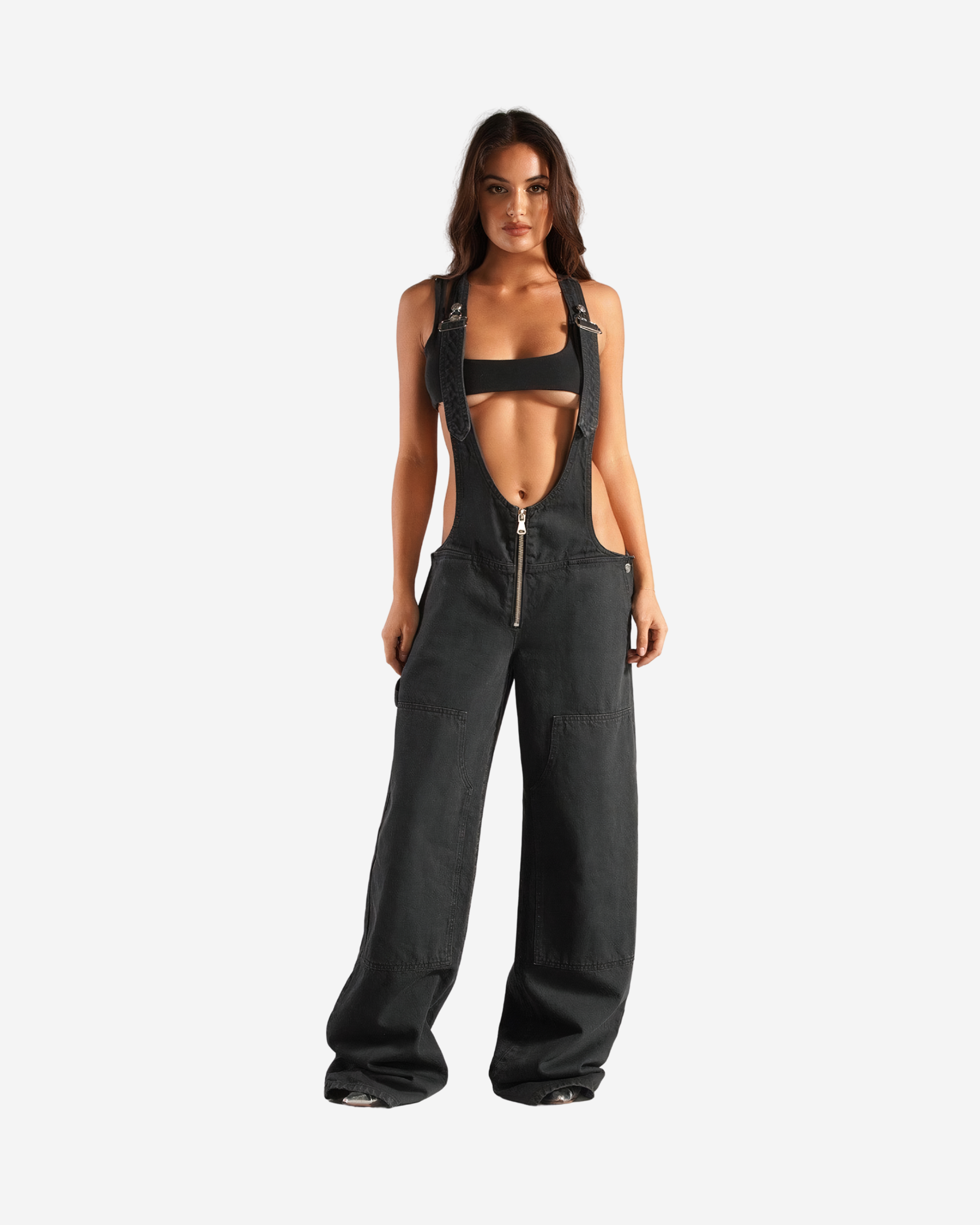 Dark Denim Zipper Overalls with Wide Leg & Loose Waist [Black]