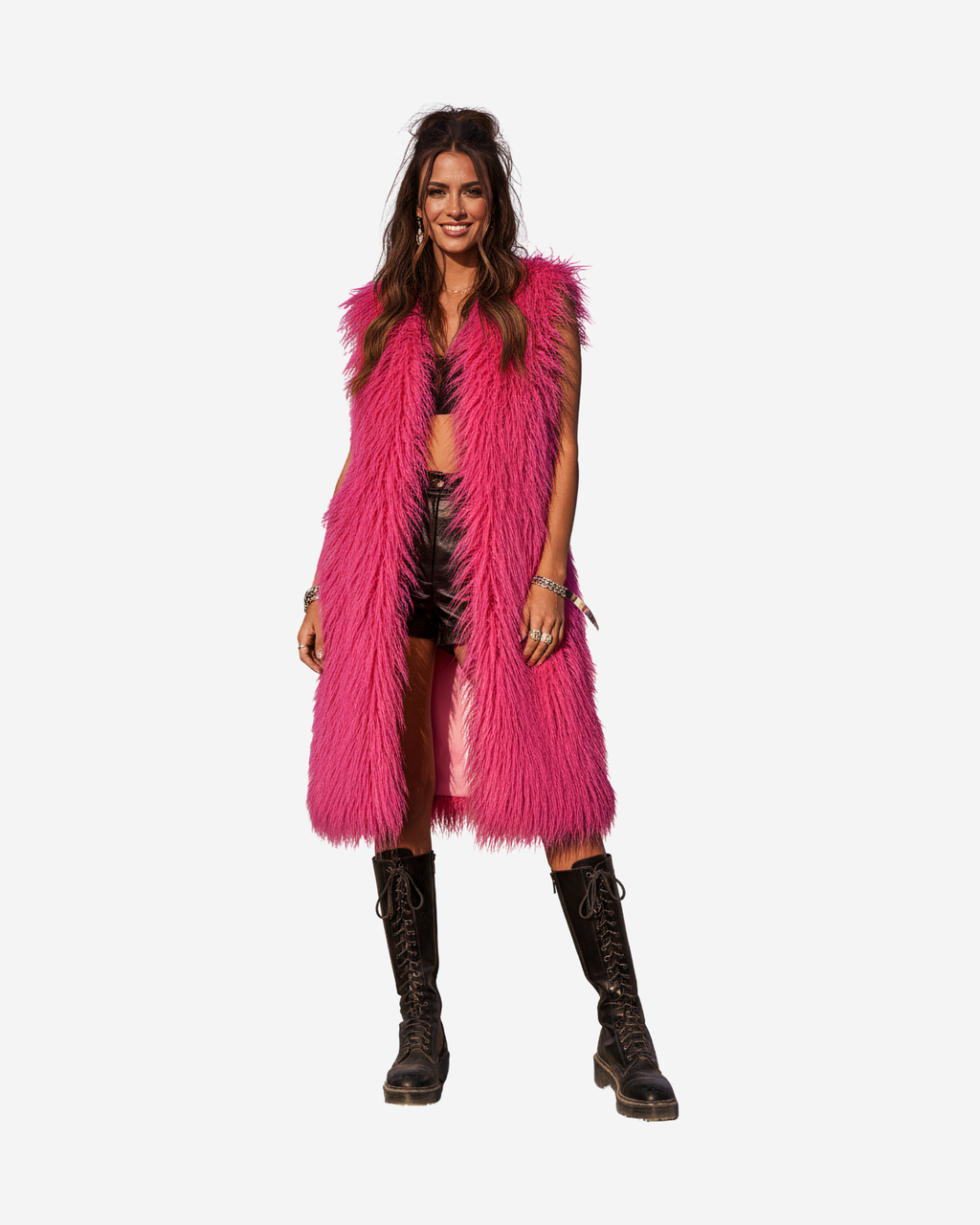 Faux Fur Sleeveless Long V-Neck Vest