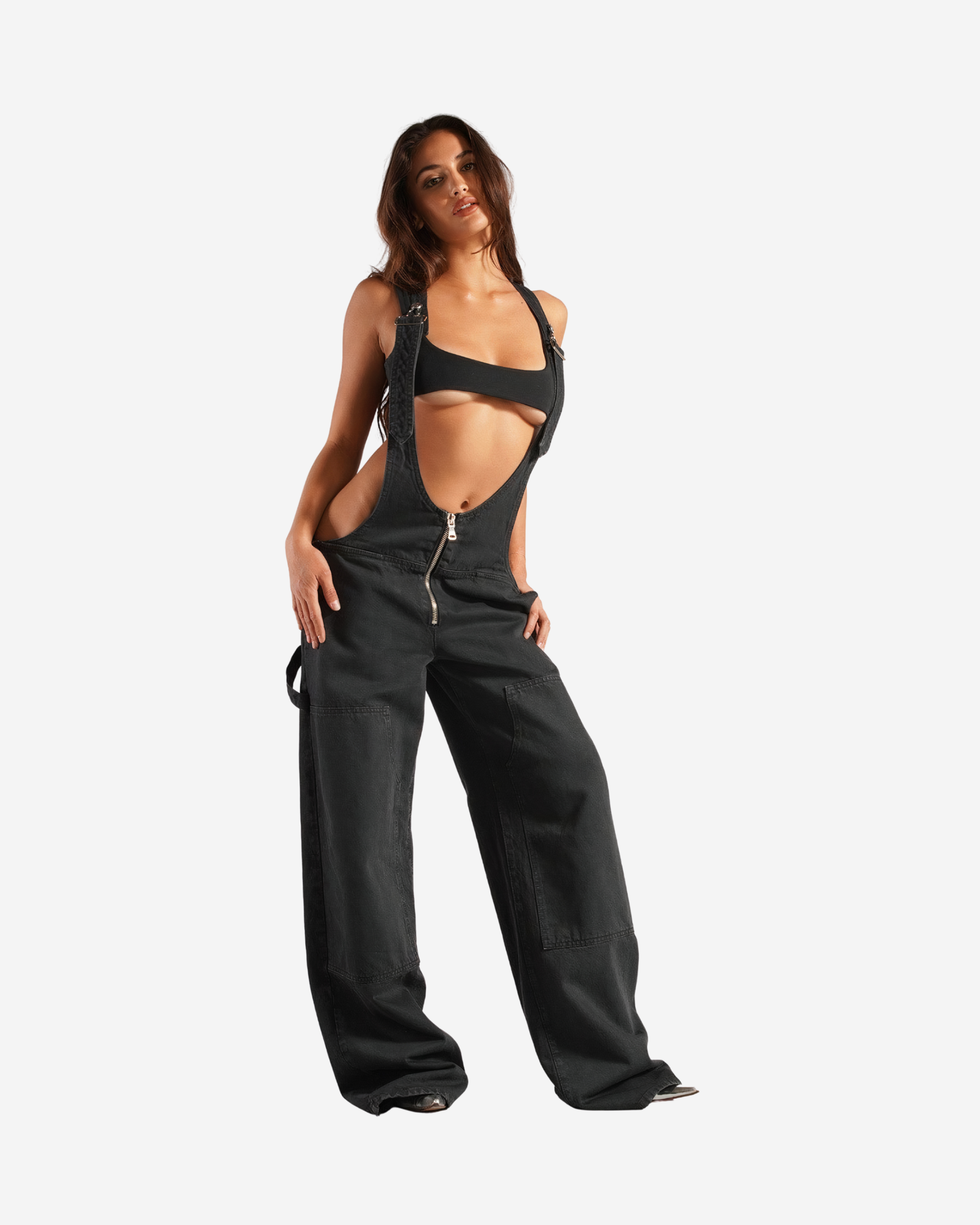 Dark Denim Zipper Overalls with Wide Leg & Loose Waist [Black]