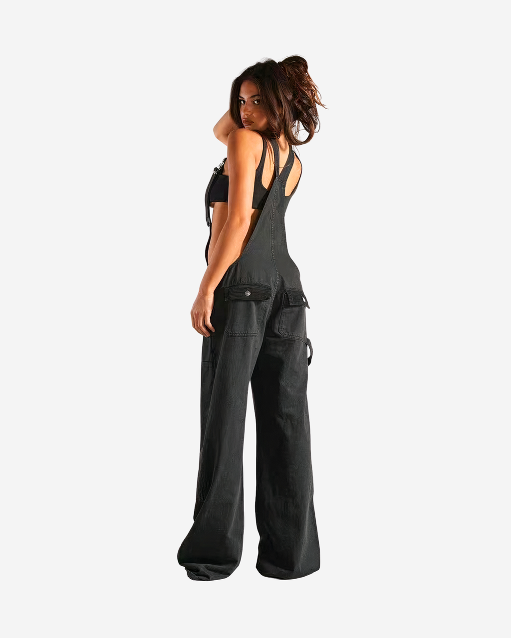 Dark Denim Zipper Overalls with Wide Leg & Loose Waist [Black]