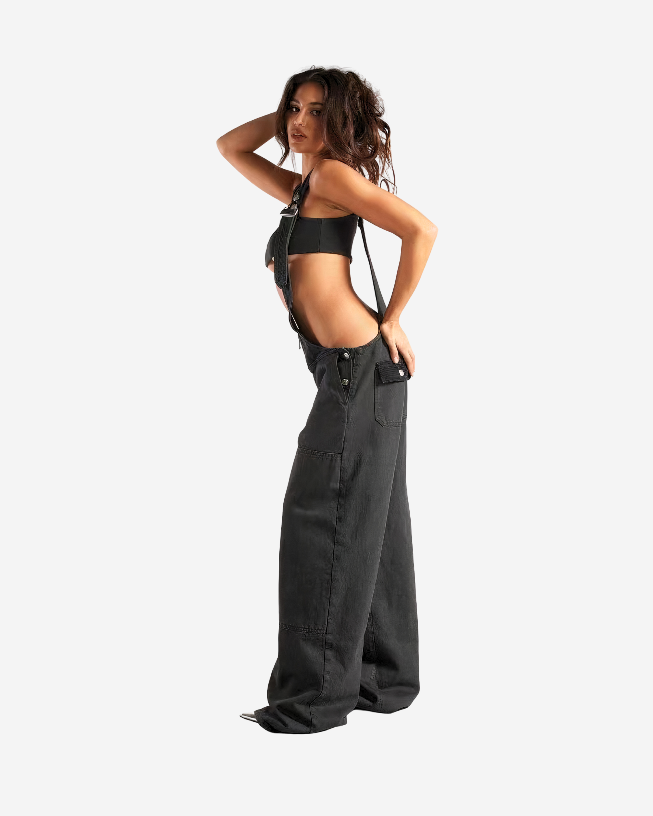 Dark Denim Zipper Overalls with Wide Leg & Loose Waist [Black]