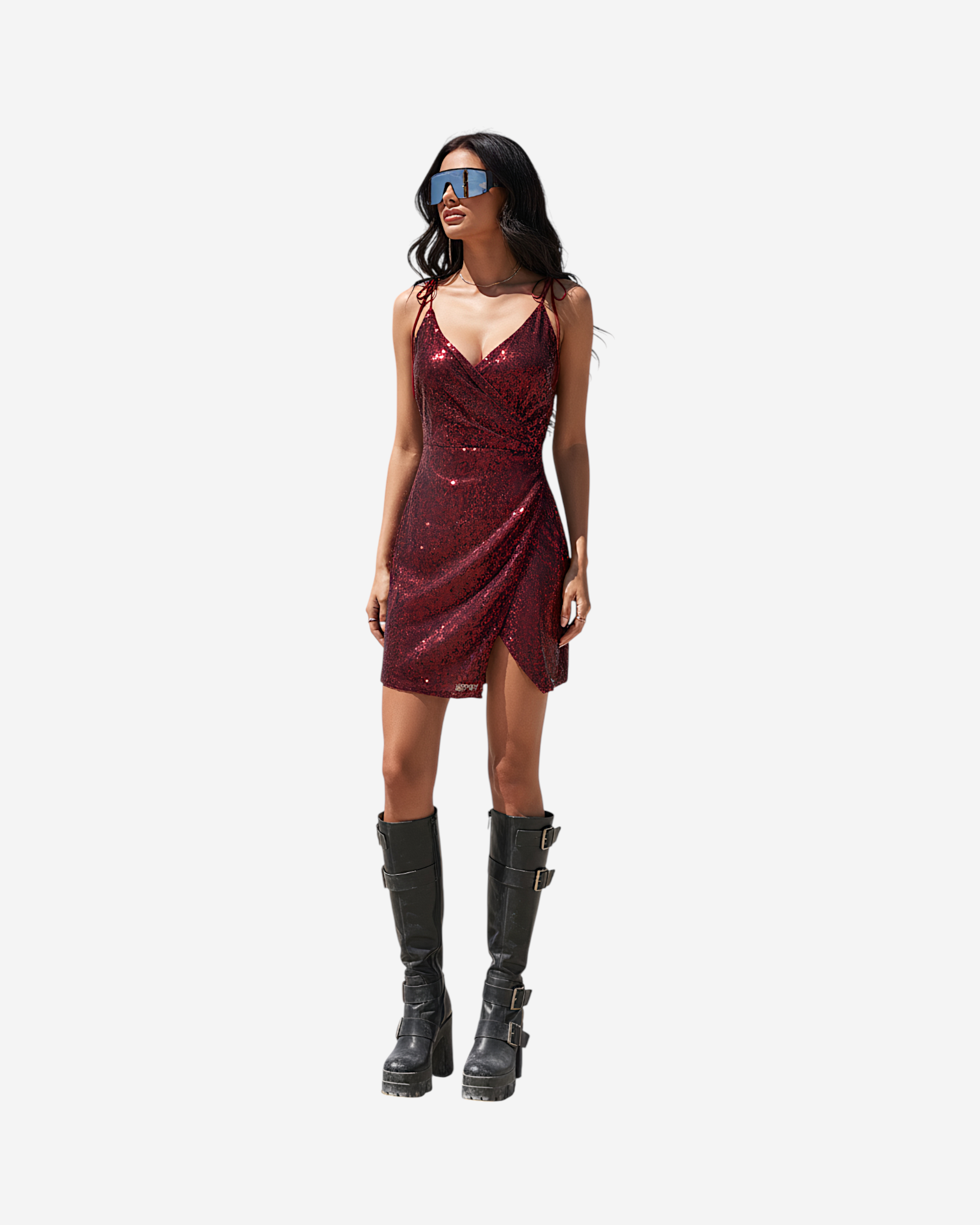Sequin Pleated Lace-Up Mini Dress-Dresses-Ekoa Ltd