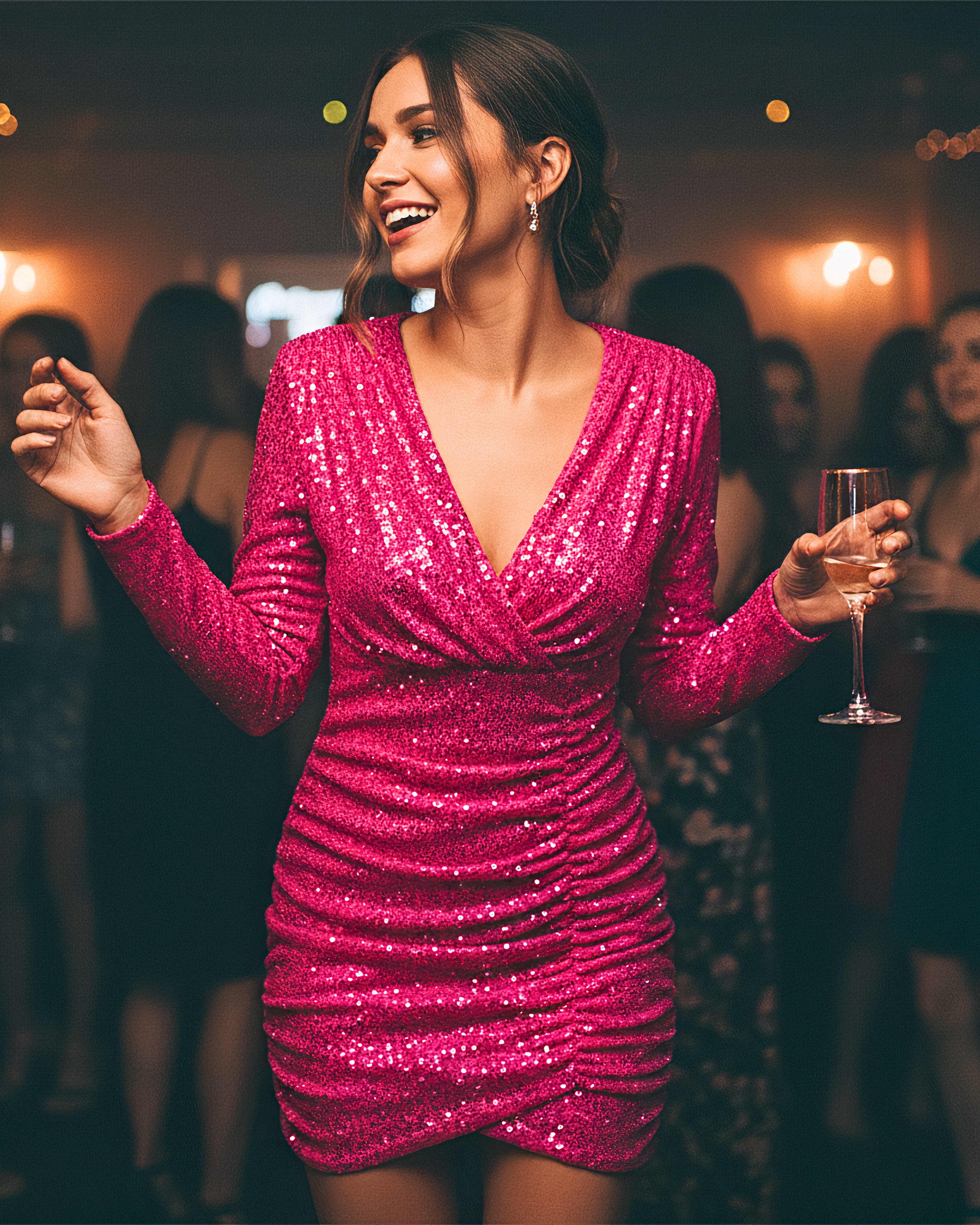 Sequin V-Neck Long Sleeve Bodycon Mini Dress-Dresses-Ekoa Ltd