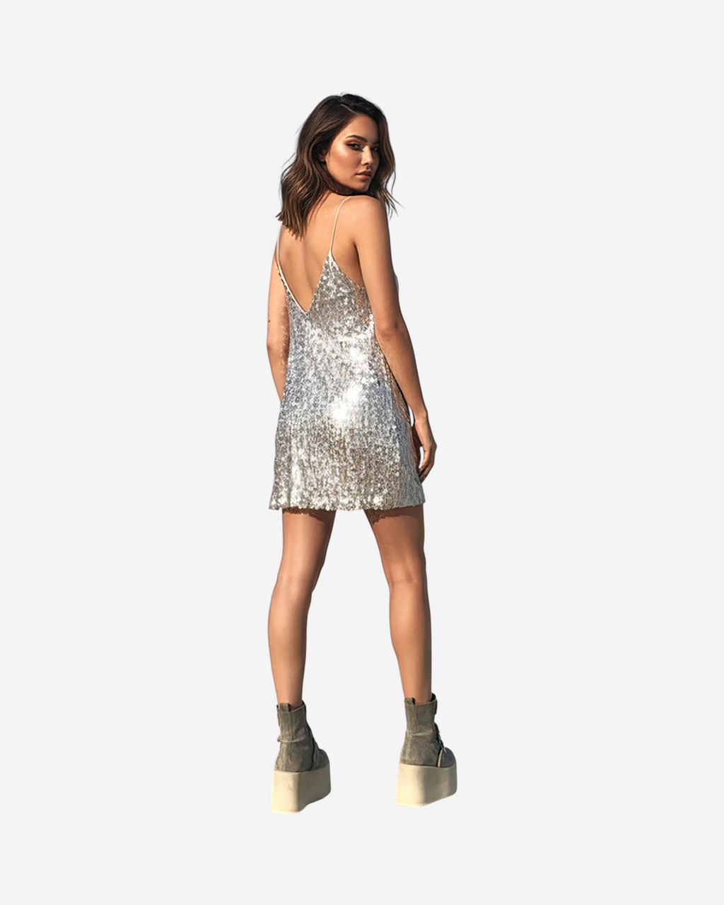 Sequined Deep V Backless Mini Dress with Spaghetti Straps-Dresses-Ekoa Ltd