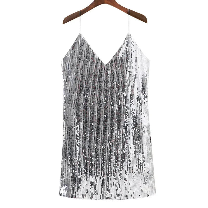 Sequined Deep V Backless Mini Dress with Spaghetti Straps-Dresses-Ekoa Ltd