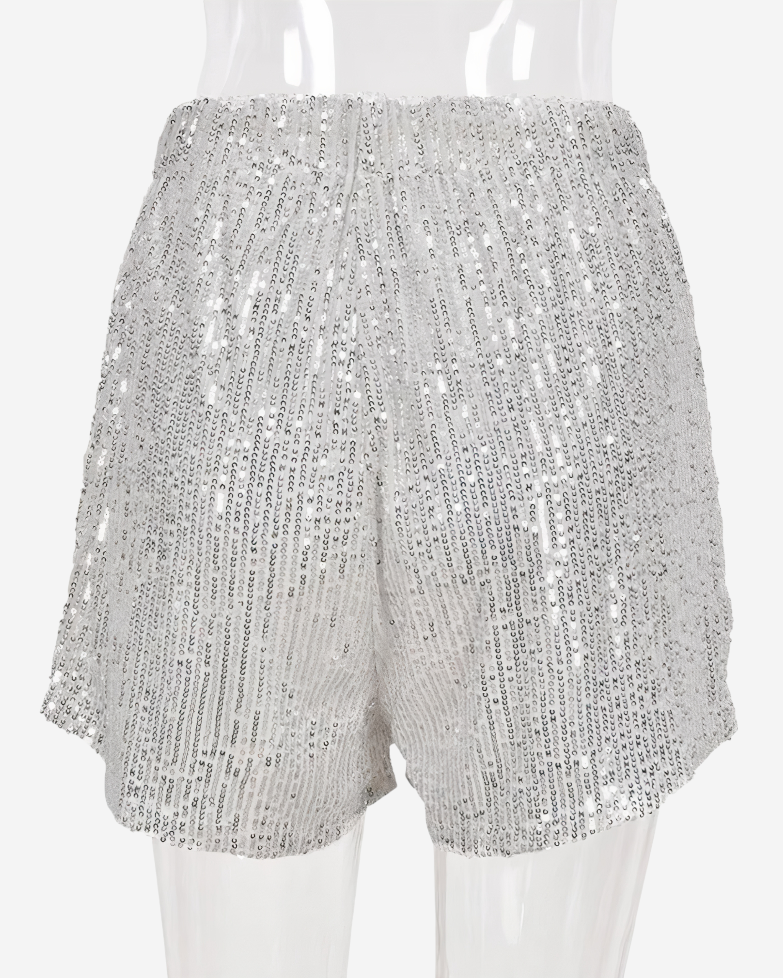 Silver Sequin Mini Shorts with Lace-Up Detail-Shorts-Ekoa Ltd