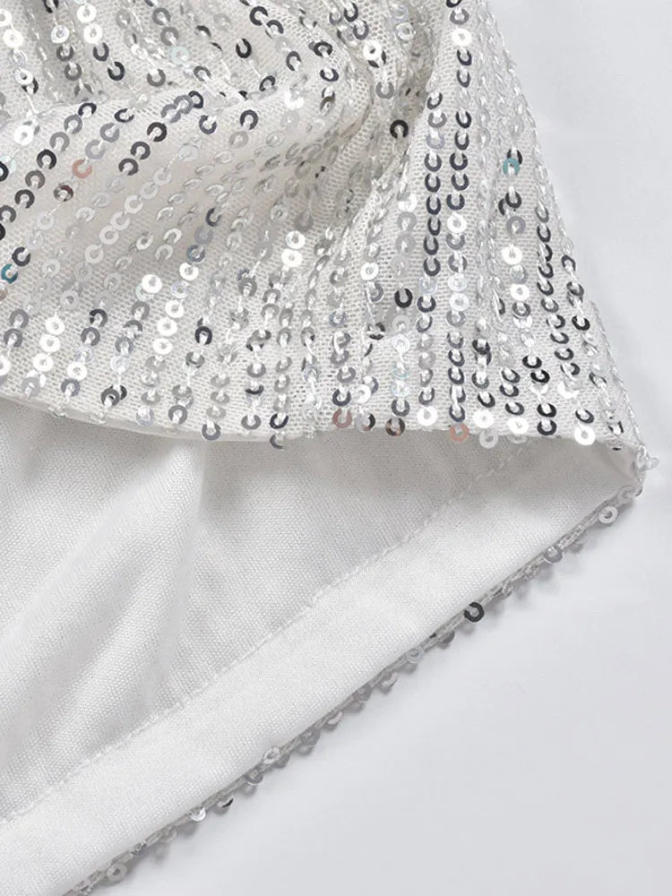 Silver Sequin Mini Shorts with Lace-Up Detail-Shorts-Ekoa Ltd
