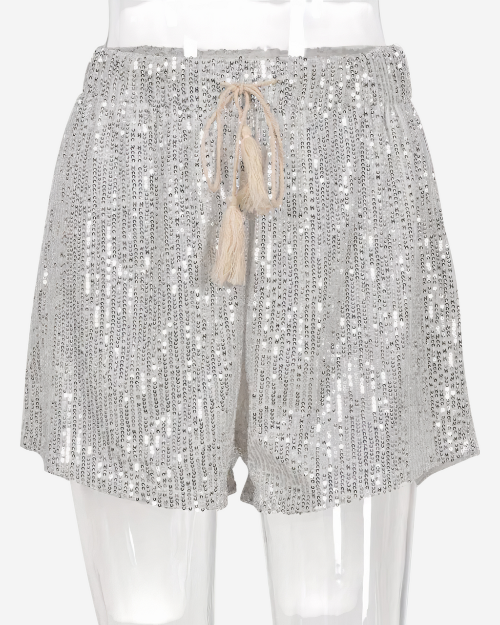 Silver Sequin Mini Shorts with Lace-Up Detail-Shorts-Ekoa Ltd