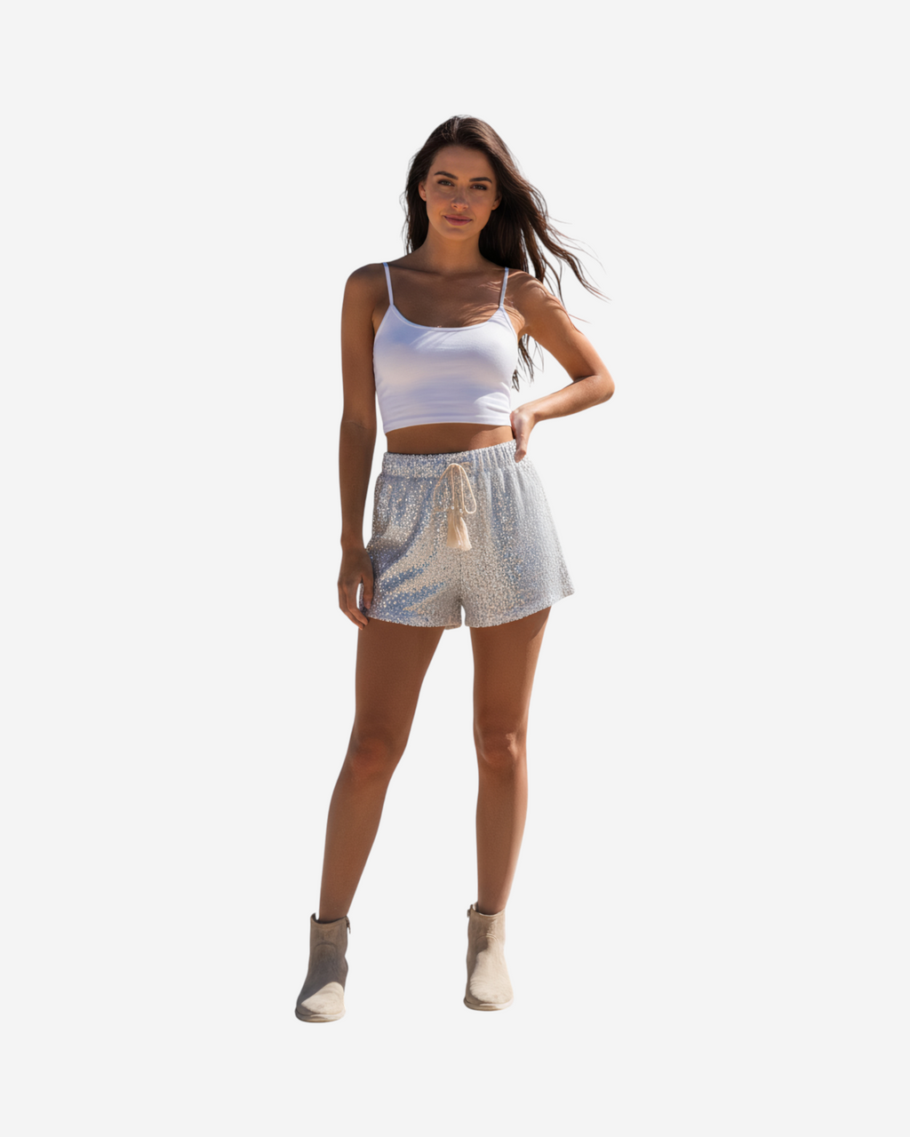 Silver Sequin Mini Shorts with Lace-Up Detail-Shorts-Ekoa Ltd
