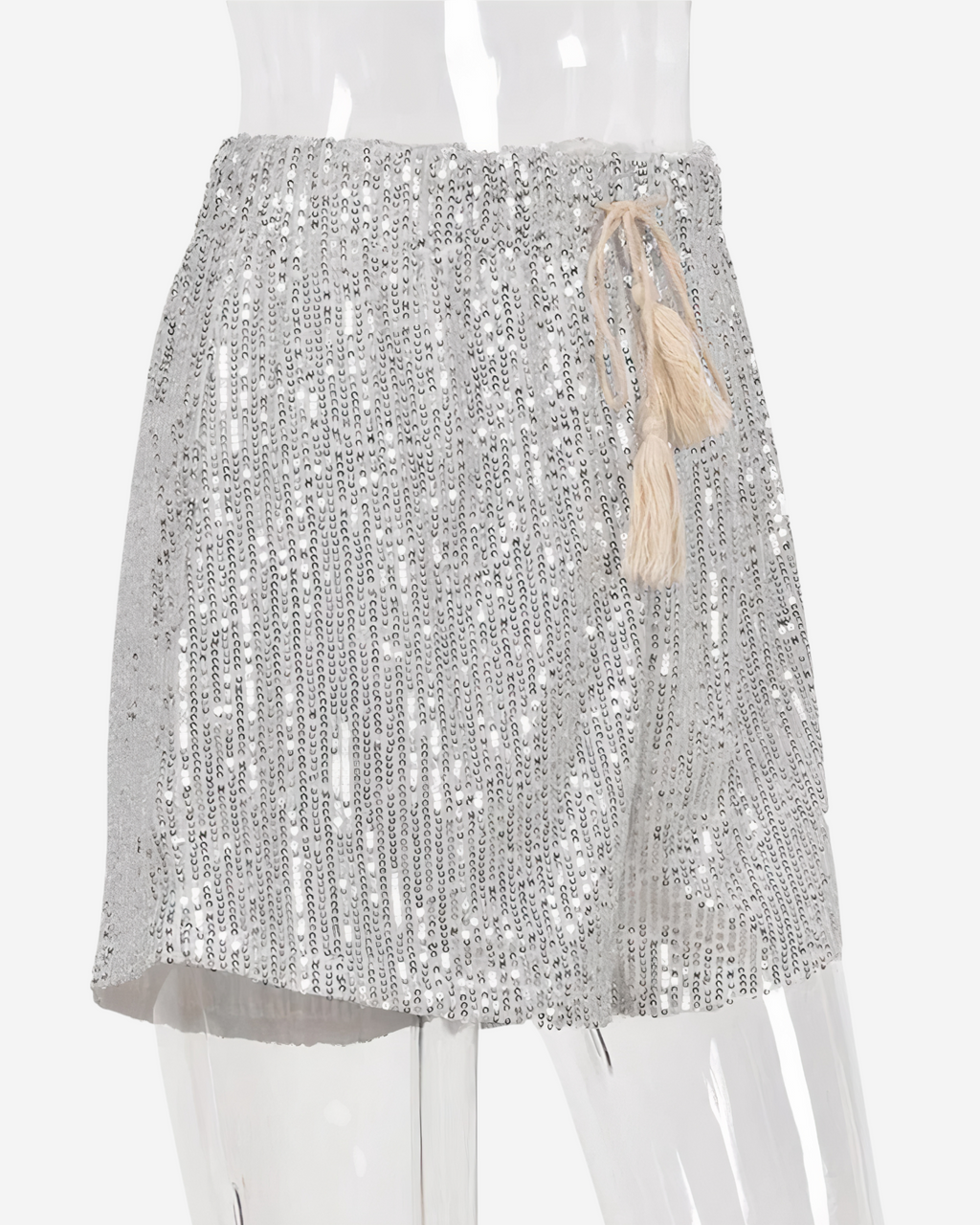 Silver Sequin Mini Shorts with Lace-Up Detail-Shorts-Ekoa Ltd